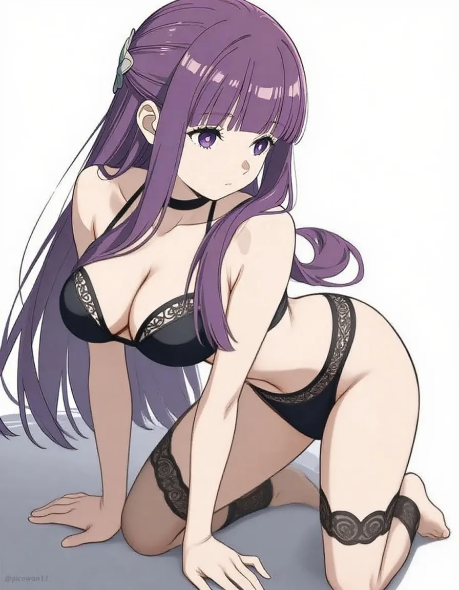 score_9,score_8_up,score_7_up,score_6_up,score_5_up,score_4_up,source_anime,1girl,solo,breasts,large breasts,curvy,<lora:Rabbit_Lingerie_Pony:0.9>,rabbitlingerie,bare shoulders,wrist cuffs,necktie,short necktie,black necktie,detached collar,fake animal ears,underwear,bow,hair bow,red bow,bowtie,bra,black bra,panties,black panties,fake tail,rabbit tail,fishnet thighhighs,outdoors,standing,blush,from below,<lora:brj-fern-pony-v0.5:0.9>,fern \(sousou no frieren\),large breasts,long hair,purple hair,half updo,blunt bangs,purple eyes,