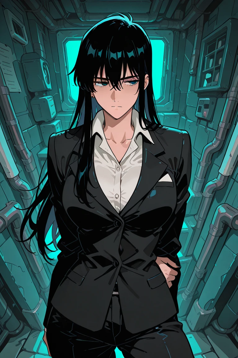 Highest quality、Ultra HD、One Woman、(Dark green long hair 1.3)、(White Suit 1.3)、(White tight skirt 1.3)、(Black tie)、(Black loafers 1.1)、((tall))、((Has a submachine gun))、()、(Beautiful face with sharp eyes 1.2)、40-year-old woman、Slender body、(Night city background 1.2)、((Clear and beautiful touch))