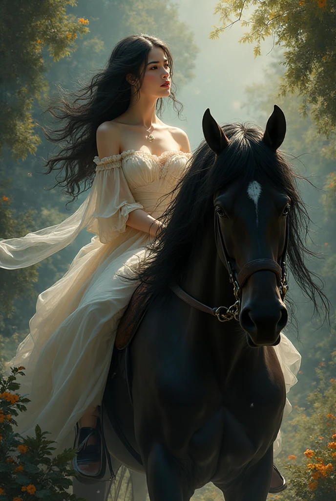 Masterpiece, top quality, amazing quality, very aesthetic, high resolution, Ultra Detailed, absurdres, recent, woman, riding a black haired, elegant,  innocent, Dress,