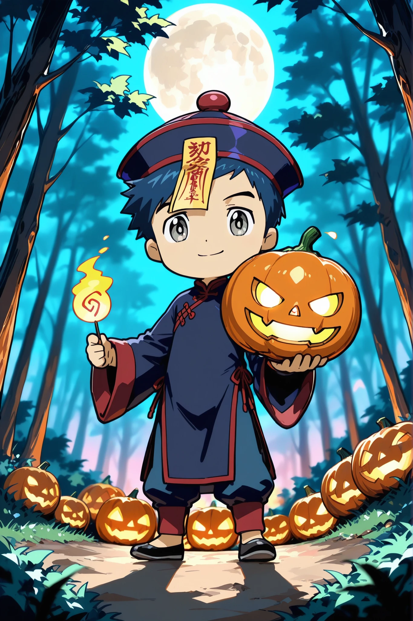 1boy, male focus,henry wong, blue hair, grey eyes,chinese clothes, ofuda, jiangshi outfit (full outfit),full body,male focus,confident smile,closed mouth,looking at viewer,sd character, super deformed, chibi, halloween, jack-o'-lantern, holding a glowing candy bag, in a detailed spooky forest at night, full moon BREAK masterpiece, best quality, amazing quality, high resolution, ultra-detailed, newest, depth of field, intricately detailed illustration, very awa, colorful, shiny skin,hyper-Detailed,atmospheric scenery