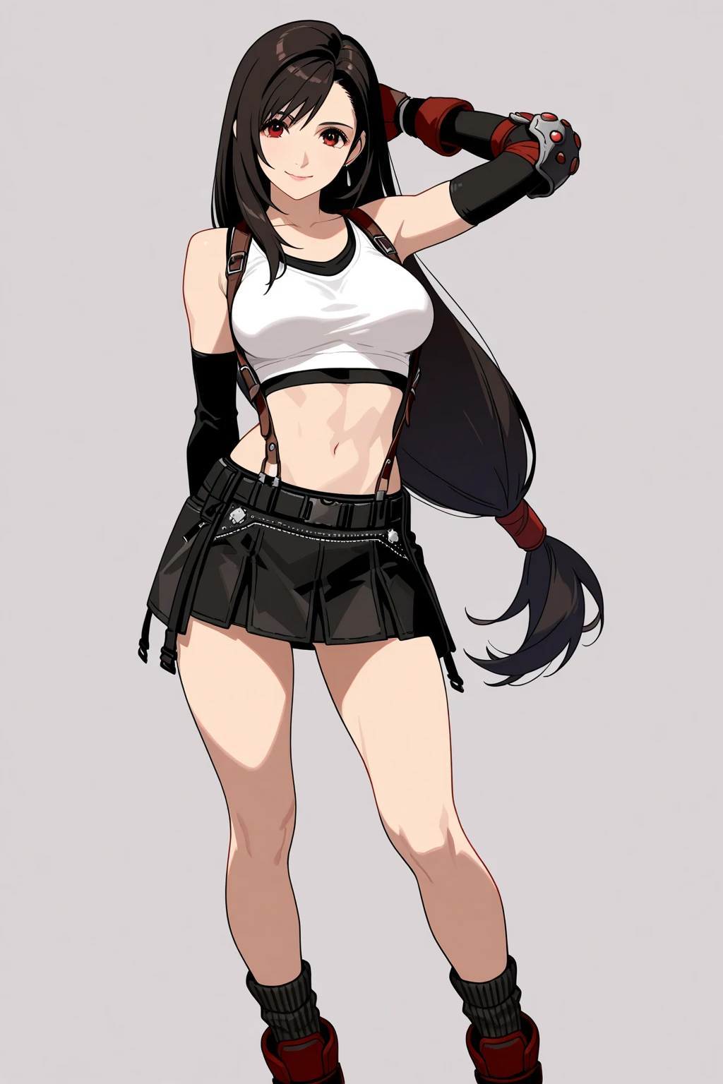 score_9, score_8_up, score_7_up, BREAK, 
1girl, tifa lockhart, black hair, low-tied long hair, red eyes, bangs,
white tank top, sports bra, belt, pleated skirt, fingerless gloves, elbow pads,
, midriff, navel, suspender,
midriff, navel,suspender, zettai ryouiki, boots,
standing, hands on , full body, smile, looking at viewer, solo, simple background, white background   <lora:TifaXL_byKonan:1>