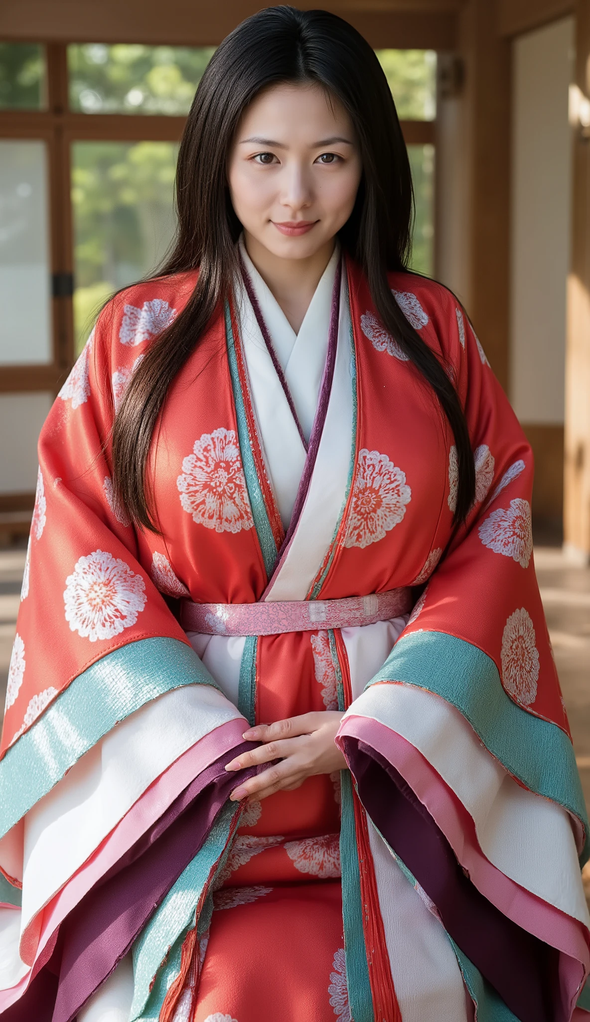 (((long black hair straight hairの美しい若い日本人女性)))。(((beautiful girl with big breasts )))。(((big breasts)))。the sun barely crosses the horizon, ,  but、That golden thread、waiting for the contents to be judged by light..  and the air is afraid to whisper even at heavy, ,  and the air is afraid to whisper even at heavy, 、 shines like a cloud at dawn, .  gentle fog clings to the earth, ,  times, . Behind her,  the long shadow of the torii gate of a shrine, 、piously stretches, ,  shines gracefully around her waist as if she were bowing to the first light, .  she holds a lacquered box on her chest, ,   sealed with prayer, , ,  she stands alone - wearing twelve singles, .

external, gently interlaced with cedar branches. autumn leaves are beautiful, Delicate autumn leaves、The palace garden is a dreamy scene of fall beauty. as if she were the guardian deity of the palace々and the shining celestial eye, The stone lantern emits warm light,  charming shine . the sweet scent of autumn leaves and the、full of refined beauty and enchanting sense of surprise.

beautiful Japanese woman with black bob hair、times, the whole scene is written in small size, The gentle melody of a koto with no hands fills the air {x} embodies the scattered beauty of autumn and the eternal elegance of the Heian period.long black hair straight hair.(((huge breasts)))