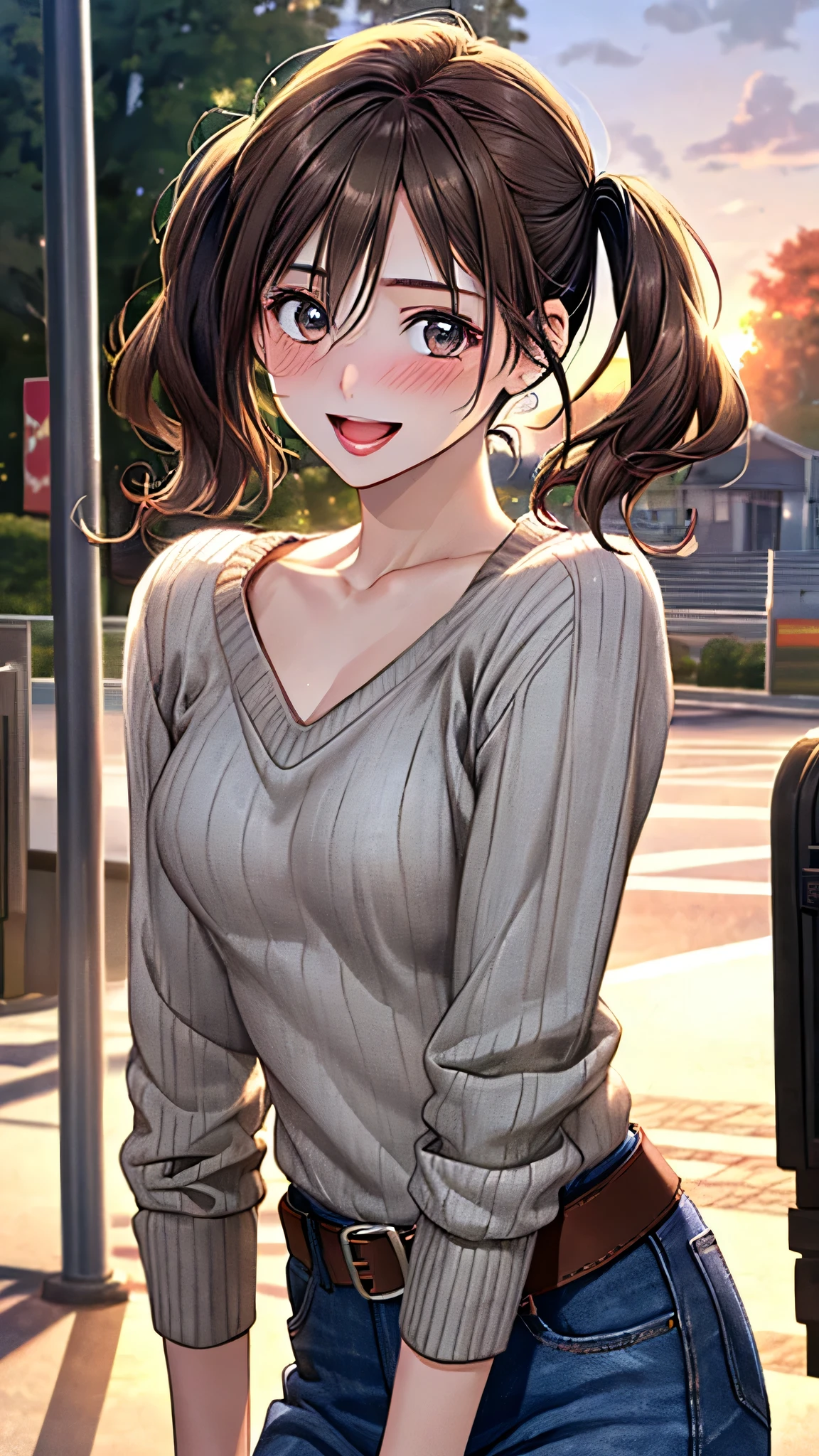 (masterpiece:1.3, top-quality, ultra high res, ultra detailed), (realistic, photorealistic:1.4), beautiful illustration, perfect lighting, natural lighting, colorful, depth of fields, surrealism,
beautiful detailed hair, beautiful detailed face, beautiful detailed eyes, beautiful clavicle, beautiful body, beautiful , beautiful thigh, beautiful legs, beautiful fingers, 
looking at viewer, 1 girl, japanese, high school girl, (gravure idol), (perfect , anatomically correct), cute and symmetrical face, babyface, perfect face, perfect eyes, shiny skin, slender, 
(long hair:1.7, wavy hair:0.8, light brown hair), hair between eyes, emerald green eyes, long eye lasher, (:0.8,  thighs), 
((light purple camisole, blue )), 
(beautiful scenery), summer, evening, (shopping mall), standing, (lovely smile, upper eyes),