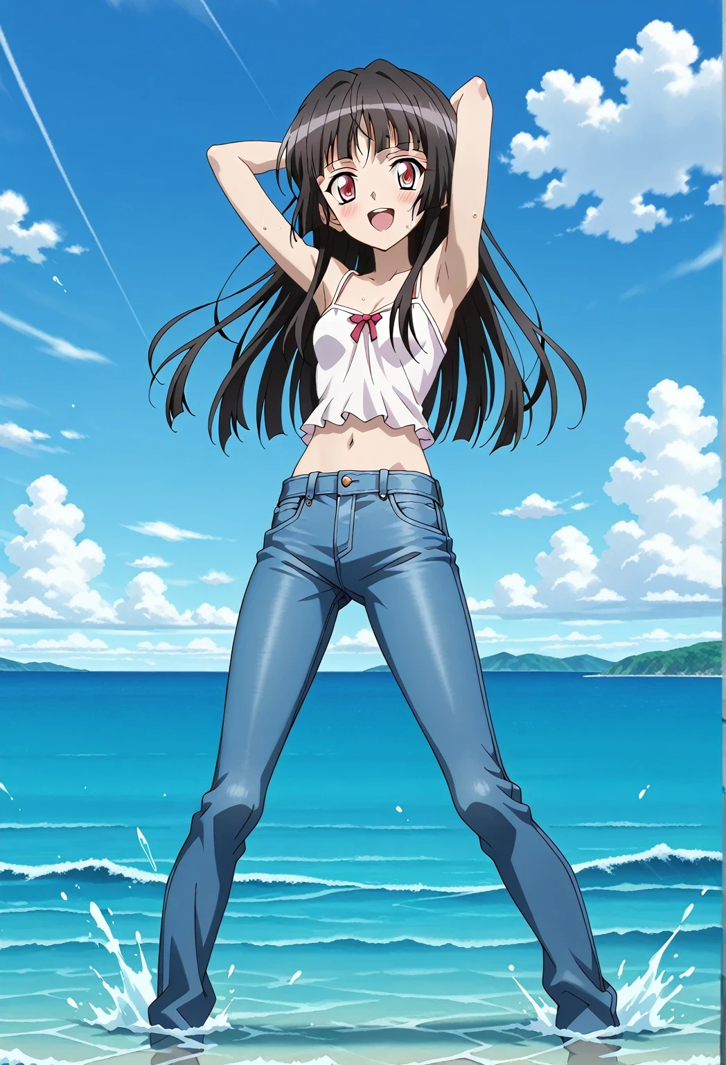 score_9, score_8_up, score_7_up, source_anime, highres, hi res, ((best quality, top quality, perfect quality, Highest Quality, amazing quality)), {{masterpiece}}, {{an extremely delicate and beautiful}}, 2d, intricate details, official style, anime, 8k, anime style, official_anime, official art, digital painting, cell shading, soft shading, high resolution, soothing tones, Subdued Color, Soft cinematic light, adobe lightroom, photolab, HDR, intricately and hyper-detailed, ((high quality animation)), 1 girl, Alone, solo, ((ocean)), tsunami, on the water, day, sunny, outdoors, sky, windy, Shirabe Tsukuyomi, Senki Zesshou Symphogear, Crimson eyes, black hair, long hair, anime screencap, small breasts, white camisole top, crop top, white crop top, best quality, hyper-detailed jeans, ((blue jeans:1.9)), (dark blue jeans:0.6), full medium body, medium shot, Open mouth, smiling, happy face, blush, sweat, standing, ((arms behind head:6.0)), ((perfect arm line:2.5)), bowlegged, sliding pose, action, looking at viewer, spread legs, Bend knees slightly, straight-on front view