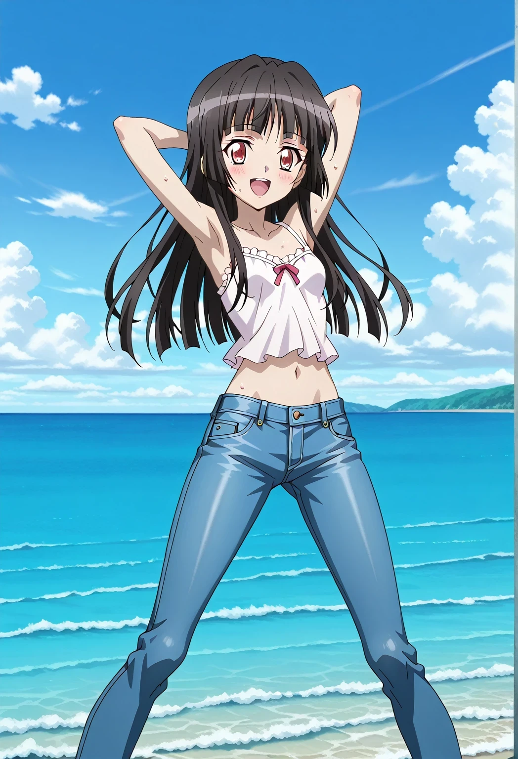 score_9, score_8_up, score_7_up, source_anime, highres, hi res, ((best quality, top quality, perfect quality, Highest Quality, amazing quality)), {{masterpiece}}, {{an extremely delicate and beautiful}}, 2d, intricate details, official style, anime, 8k, anime style, official_anime, official art, digital painting, cell shading, soft shading, high resolution, soothing tones, Subdued Color, Soft cinematic light, adobe lightroom, photolab, HDR, intricately and hyper-detailed, ((high quality animation)), 1 girl, Alone, solo, ((ocean)), tsunami, on the water, day, sunny, outdoors, sky, windy, Shirabe Tsukuyomi, Senki Zesshou Symphogear, Crimson eyes, black hair, long hair, anime screencap, small breasts, white camisole top, crop top, white crop top, best quality, hyper-detailed jeans, ((blue jeans:1.9)), (dark blue jeans:0.6), full medium body, medium shot, Open mouth, smiling, happy face, blush, sweat, standing, ((arms behind head:6.0)), ((perfect arm line:2.5)), bowlegged, sliding pose, action, looking at viewer, spread legs, Bend knees slightly, straight-on front view