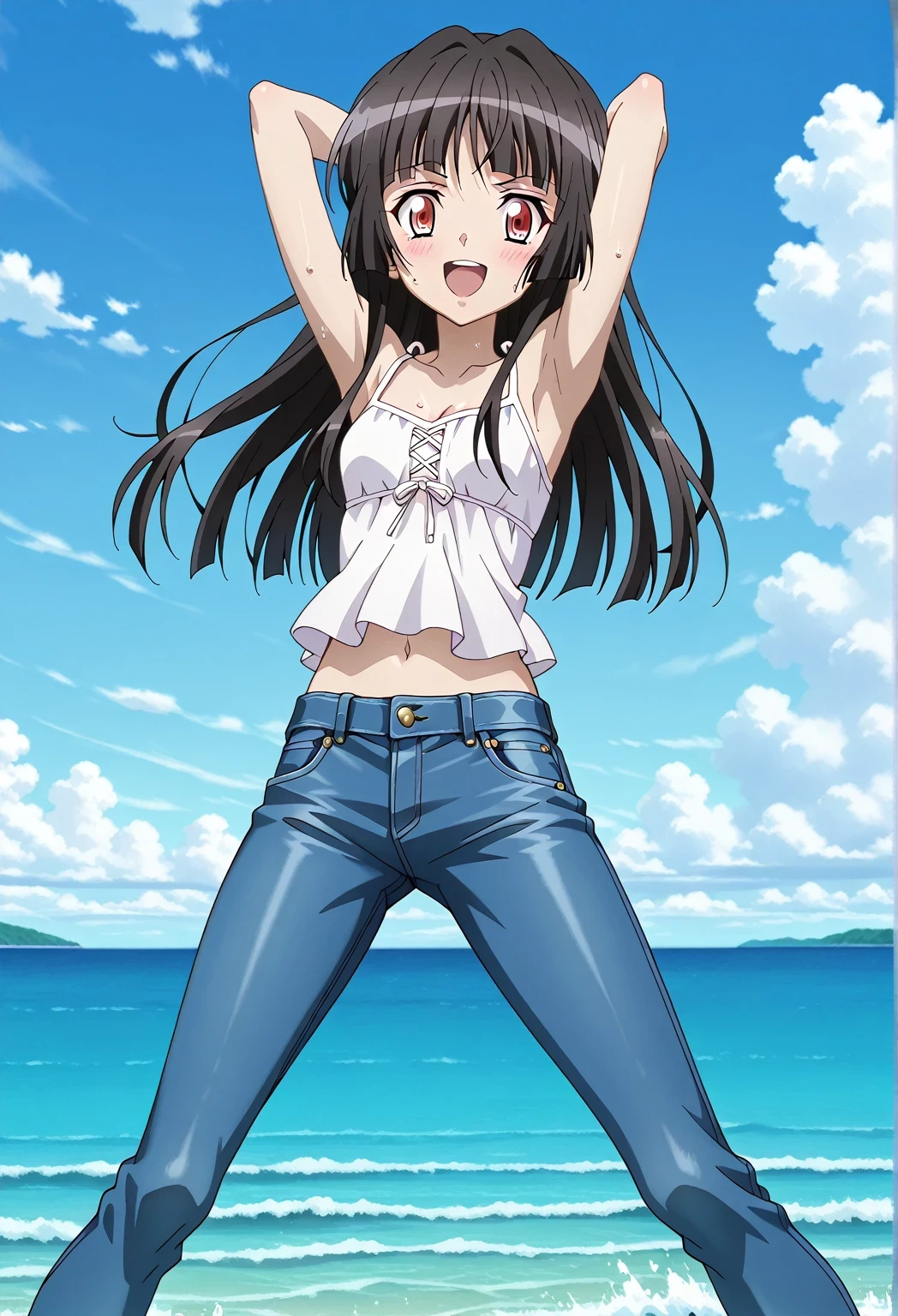 score_9, score_8_up, score_7_up, source_anime, highres, hi res, ((best quality, top quality, perfect quality, Highest Quality, amazing quality)), {{masterpiece}}, {{an extremely delicate and beautiful}}, 2d, intricate details, official style, anime, 8k, anime style, official_anime, official art, digital painting, cell shading, soft shading, high resolution, soothing tones, Subdued Color, Soft cinematic light, adobe lightroom, photolab, HDR, intricately and hyper-detailed, ((high quality animation)), 1 girl, Alone, solo, ((ocean)), tsunami, on the water, day, sunny, outdoors, sky, windy, Shirabe Tsukuyomi, Senki Zesshou Symphogear, Crimson eyes, black hair, long hair, anime screencap, small breasts, white camisole top, crop top, white crop top, best quality, hyper-detailed jeans, ((blue jeans:1.9)), (dark blue jeans:0.6), full medium body, medium shot, Open mouth, smiling, happy face, blush, sweat, standing, ((arms behind head:6.0)), ((perfect arm line:2.5)), bowlegged, sliding pose, action, looking at viewer, spread legs, Bend knees slightly, straight-on front view