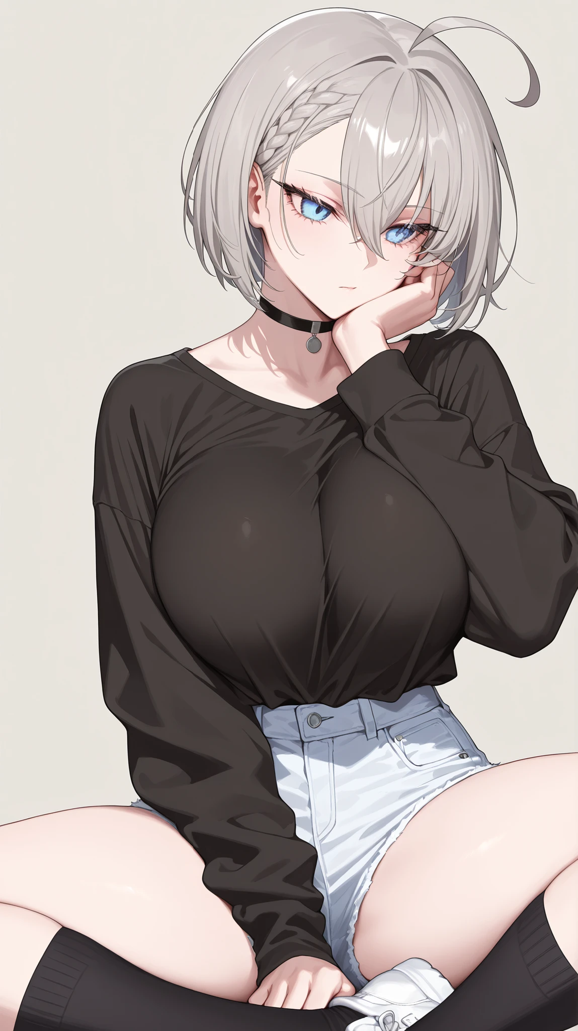 1girl, solo, anime girl, elegant, badass, baltimore, masterpiece, very aesthetic, grey hair, ahoge, short hair, french braid, hair between eyes, bob cut, light blue eyes, sharp eye outlines, long eyelashes, seductive, big breasts, curvy body, black shirt, oversized shirt, long sleeve, shirt tucked in, white denim shorts, black choker, black knee socks, white sneakers, sitting, thinking pose, simple background, soft skin, volume light, depth of field, high detail, highres, ultra-detailed, detailed face, (detailed eyes), (perfect eyes), perfect composition, intricate details, detailed and polished anime style, (detailed hand), (perfect hand), 4K, 8K