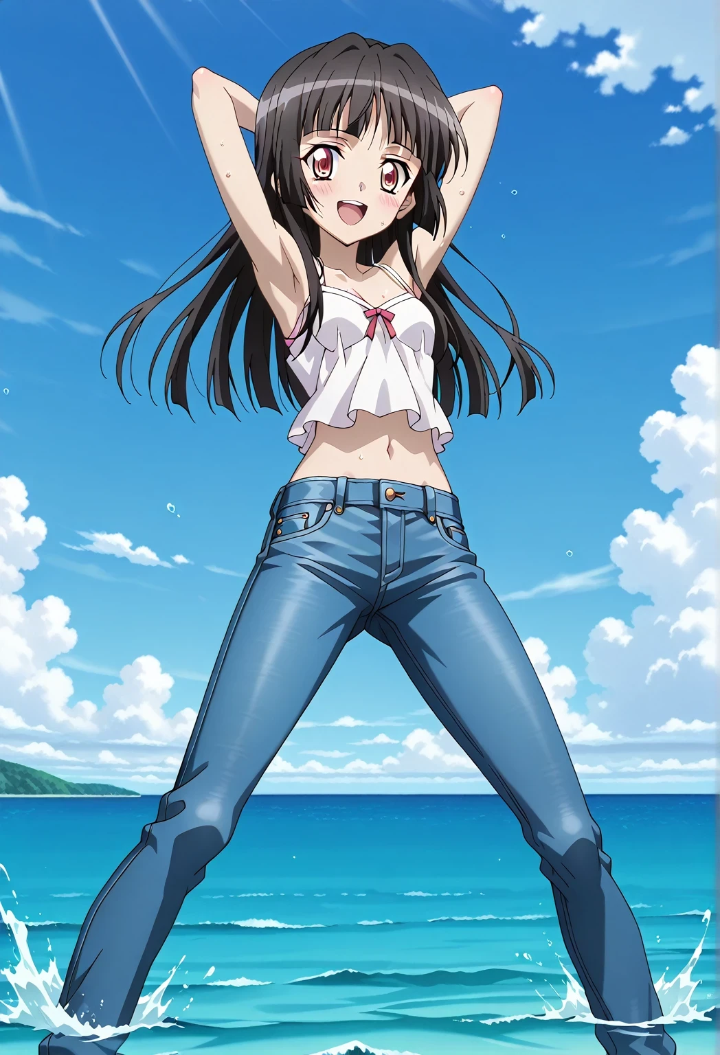 score_9, score_8_up, score_7_up, source_anime, highres, hi res, ((best quality, top quality, perfect quality, Highest Quality, amazing quality)), {{masterpiece}}, {{an extremely delicate and beautiful}}, 2d, intricate details, official style, anime, 8k, anime style, official_anime, official art, digital painting, cell shading, soft shading, high resolution, soothing tones, Subdued Color, Soft cinematic light, adobe lightroom, photolab, HDR, intricately and hyper-detailed, ((high quality animation)), 1 girl, Alone, solo, ((ocean)), tsunami, on the water, day, sunny, outdoors, sky, windy, Shirabe Tsukuyomi, Senki Zesshou Symphogear, Crimson eyes, black hair, long hair, anime screencap, small breasts, white camisole top, crop top, white crop top, best quality, hyper-detailed jeans, ((blue jeans:1.9)), (dark blue jeans:0.6), full medium body, medium shot, Open mouth, smiling, happy face, blush, sweat, standing, ((arms behind head:6.0)), ((perfect arm line:2.5)), bowlegged, sliding pose, action, looking at viewer, spread legs, Bend knees slightly, straight-on front view