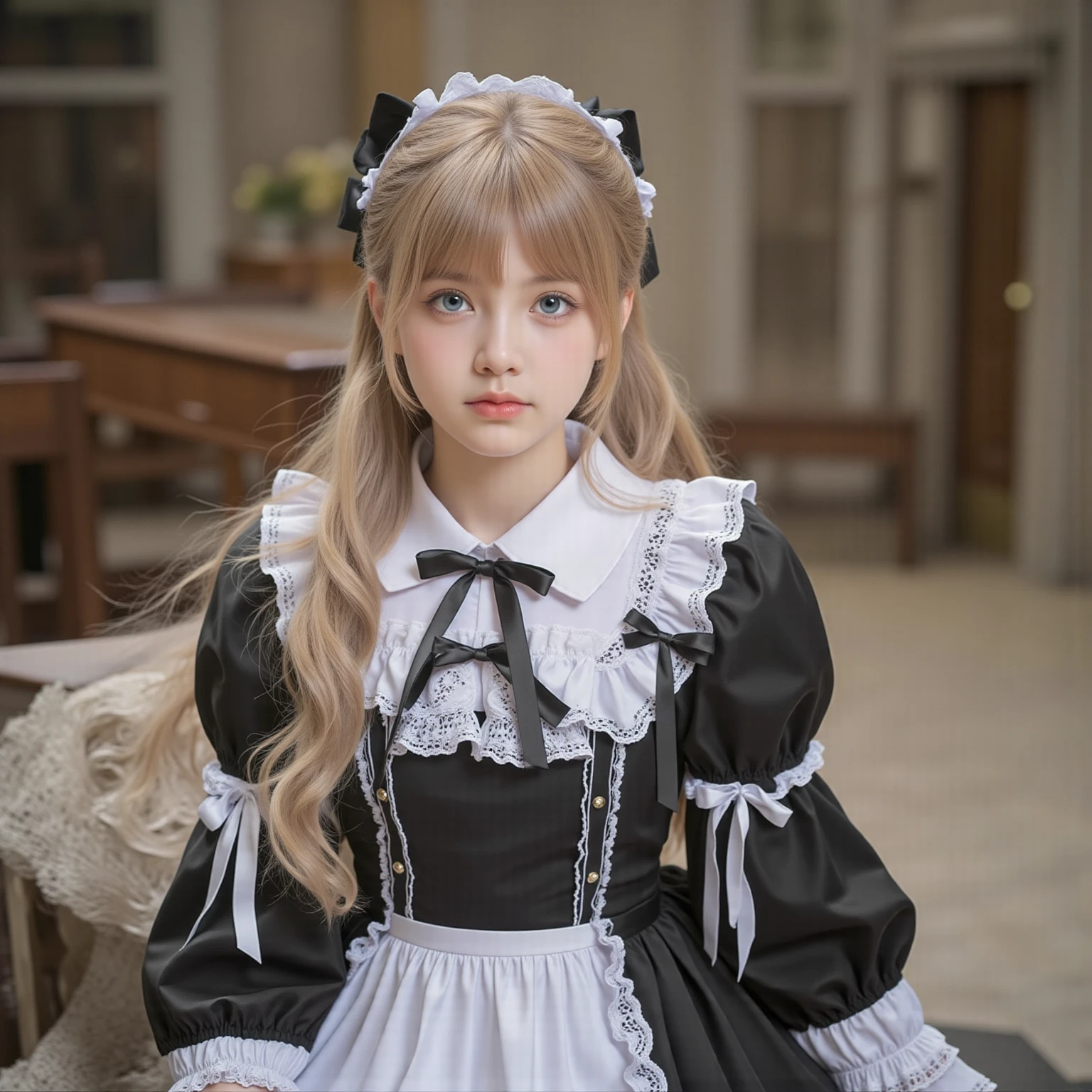 (Tabletop, Highest quality:1.2), 8K, 85mm, Official Art, RAW Photos, Absurd, Platinum Blonde Hair, (blue eyes, Lolita Fashion, Sweet Lolita, Gothic, dress:1.2), Idol's face, Upper Body, beautiful girl, Gardeniass, Copenhagen, Short sleeve, grace, Sophisticated, Gardenia, View your viewers, Film Grain, chromatic aberration, Sharp focus, Face Light, Dynamic Lighting, Cinema Lighting, Detailed face, Bokeh Background