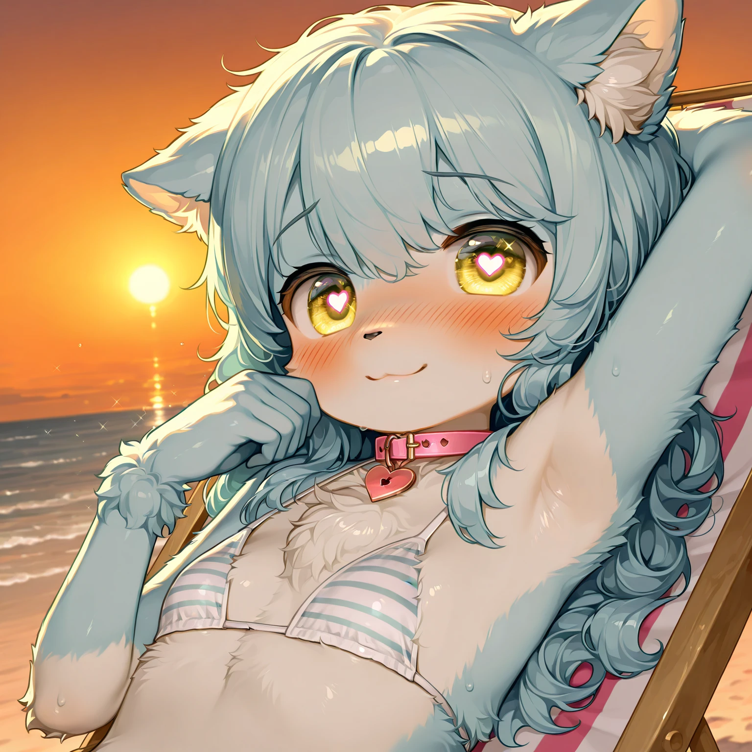 best quality,best resolution,(fluffy anthro furry :1.6),(young :1.6), snow leopard girl,black hair,long hair,wavy hair,(white fur :1.6),green eyes,glistering eyes,sparkle eyes,white leopard tail,white leopard ears,(black leopard printed)small ???????,(white ?????? with black striped print),beautiful beach,sunset,evening,(orange sky),(orange light),looking at viewer,full face blush,????? face,heart expression eyes,upper body only,heart eyes,tensing body,love,????? scream,???????????,close eyes ?????