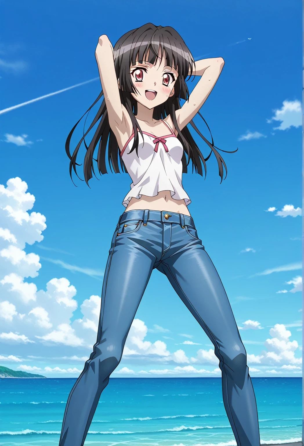 score_9, score_8_up, score_7_up, source_anime, highres, hi res, ((best quality, top quality, perfect quality, Highest Quality, amazing quality)), {{masterpiece}}, {{an extremely delicate and beautiful}}, 2d, intricate details, official style, anime, 8k, anime style, official_anime, official art, digital painting, cell shading, soft shading, high resolution, soothing tones, Subdued Color, Soft cinematic light, adobe lightroom, photolab, HDR, intricately and hyper-detailed, ((high quality animation)), 1 girl, Alone, solo, ((ocean)), tsunami, on the water, day, sunny, outdoors, sky, windy, Shirabe Tsukuyomi, Senki Zesshou Symphogear, Crimson eyes, black hair, long hair, anime screencap, small breasts, white camisole top, crop top, white crop top, best quality, hyper-detailed jeans, ((blue jeans:1.9)), (dark blue jeans:0.6), full medium body, medium shot, Open mouth, smiling, happy face, blush, sweat, standing, ((arms behind head:6.0)), ((perfect arm line:2.5)), bowlegged, jumping pose, action, looking at viewer, spread legs, Bend knees slightly, straight-on front view