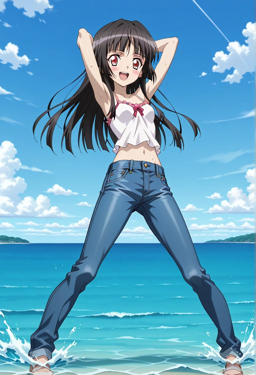 score_9, score_8_up, score_7_up, source_anime, highres, hi res, ((best quality, top quality, perfect quality, Highest Quality, amazing quality)), {{masterpiece}}, {{an extremely delicate and beautiful}}, 2d, intricate details, official style, anime, 8k, anime style, official_anime, official art, digital painting, cell shading, soft shading, high resolution, soothing tones, Subdued Color, Soft cinematic light, adobe lightroom, photolab, HDR, intricately and hyper-detailed, ((high quality animation)), 1 girl, Alone, solo, ((ocean)), tsunami, on the water, day, sunny, outdoors, sky, windy, Shirabe Tsukuyomi, Senki Zesshou Symphogear, Crimson eyes, black hair, long hair, anime screencap, small breasts, white camisole top, crop top, white crop top, best quality, hyper-detailed jeans, ((blue jeans:1.9)), (dark blue jeans:0.6), full medium body, medium shot, Open mouth, smiling, happy face, blush, sweat, standing, ((arms behind head:6.0)), ((perfect arm line:2.5)), bowlegged, jumping pose, action, looking at viewer, spread legs, Bend knees slightly, straight-on front view