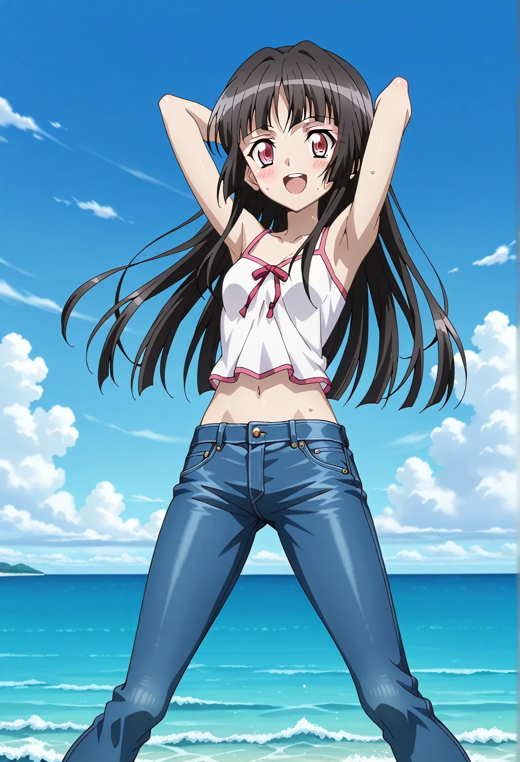 score_9, score_8_up, score_7_up, source_anime, highres, hi res, ((best quality, top quality, perfect quality, Highest Quality, amazing quality)), {{masterpiece}}, {{an extremely delicate and beautiful}}, 2d, intricate details, official style, anime, 8k, anime style, official_anime, official art, digital painting, cell shading, soft shading, high resolution, soothing tones, Subdued Color, Soft cinematic light, adobe lightroom, photolab, HDR, intricately and hyper-detailed, ((high quality animation)), 1 girl, Alone, solo, ((ocean)), tsunami, on the water, day, sunny, outdoors, sky, windy, Shirabe Tsukuyomi, Senki Zesshou Symphogear, Crimson eyes, black hair, long hair, anime screencap, small breasts, white camisole top, crop top, white crop top, best quality, hyper-detailed jeans, ((blue jeans:1.9)), (dark blue jeans:0.6), full medium body, medium shot, Open mouth, smiling, happy face, blush, sweat, standing, ((arms behind head:6.0)), ((perfect arm line:2.5)), bowlegged, jumping pose, action, looking at viewer, spread legs, Bend knees slightly, straight-on front view