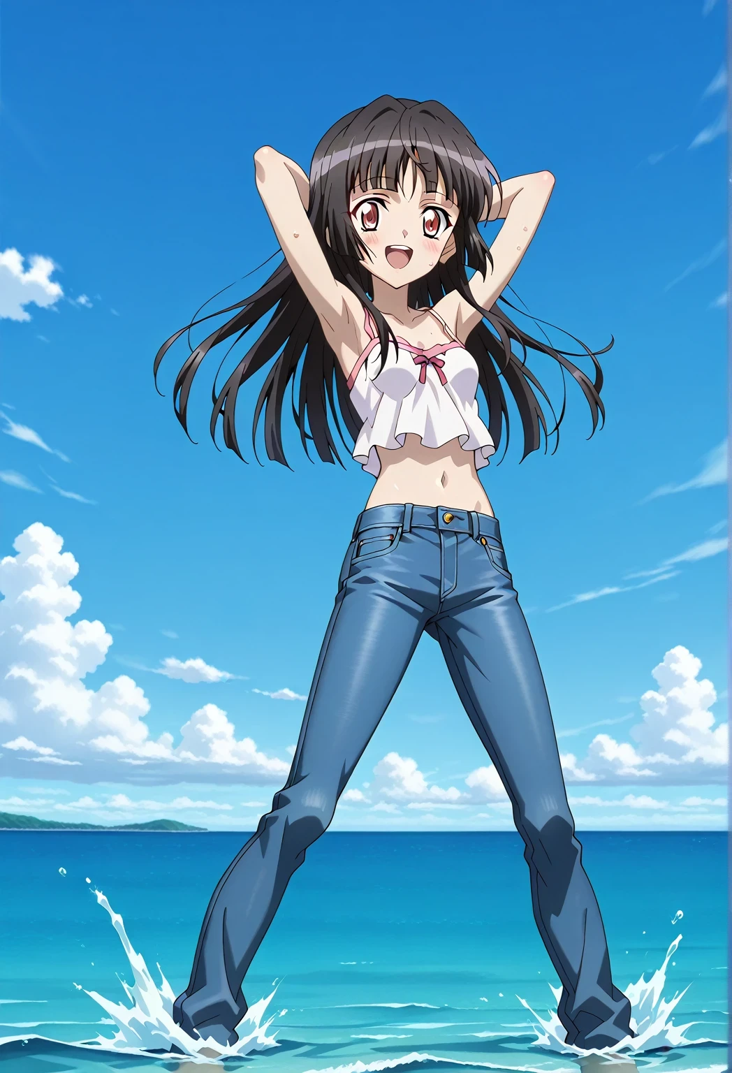 score_9, score_8_up, score_7_up, source_anime, highres, hi res, ((best quality, top quality, perfect quality, Highest Quality, amazing quality)), {{masterpiece}}, {{an extremely delicate and beautiful}}, 2d, intricate details, official style, anime, 8k, anime style, official_anime, official art, digital painting, cell shading, soft shading, high resolution, soothing tones, Subdued Color, Soft cinematic light, adobe lightroom, photolab, HDR, intricately and hyper-detailed, ((high quality animation)), 1 girl, Alone, solo, ((ocean)), tsunami, on the water, day, sunny, outdoors, sky, windy, Shirabe Tsukuyomi, Senki Zesshou Symphogear, Crimson eyes, black hair, long hair, anime screencap, small breasts, white camisole top, crop top, white crop top, best quality, hyper-detailed jeans, ((blue jeans:1.9)), (dark blue jeans:0.6), full medium body, medium shot, Open mouth, smiling, happy face, blush, sweat, standing, ((arms behind head:6.0)), ((perfect arm line:2.5)), bowlegged, jumping pose, action, looking at viewer, spread legs, Bend knees slightly, straight-on front view