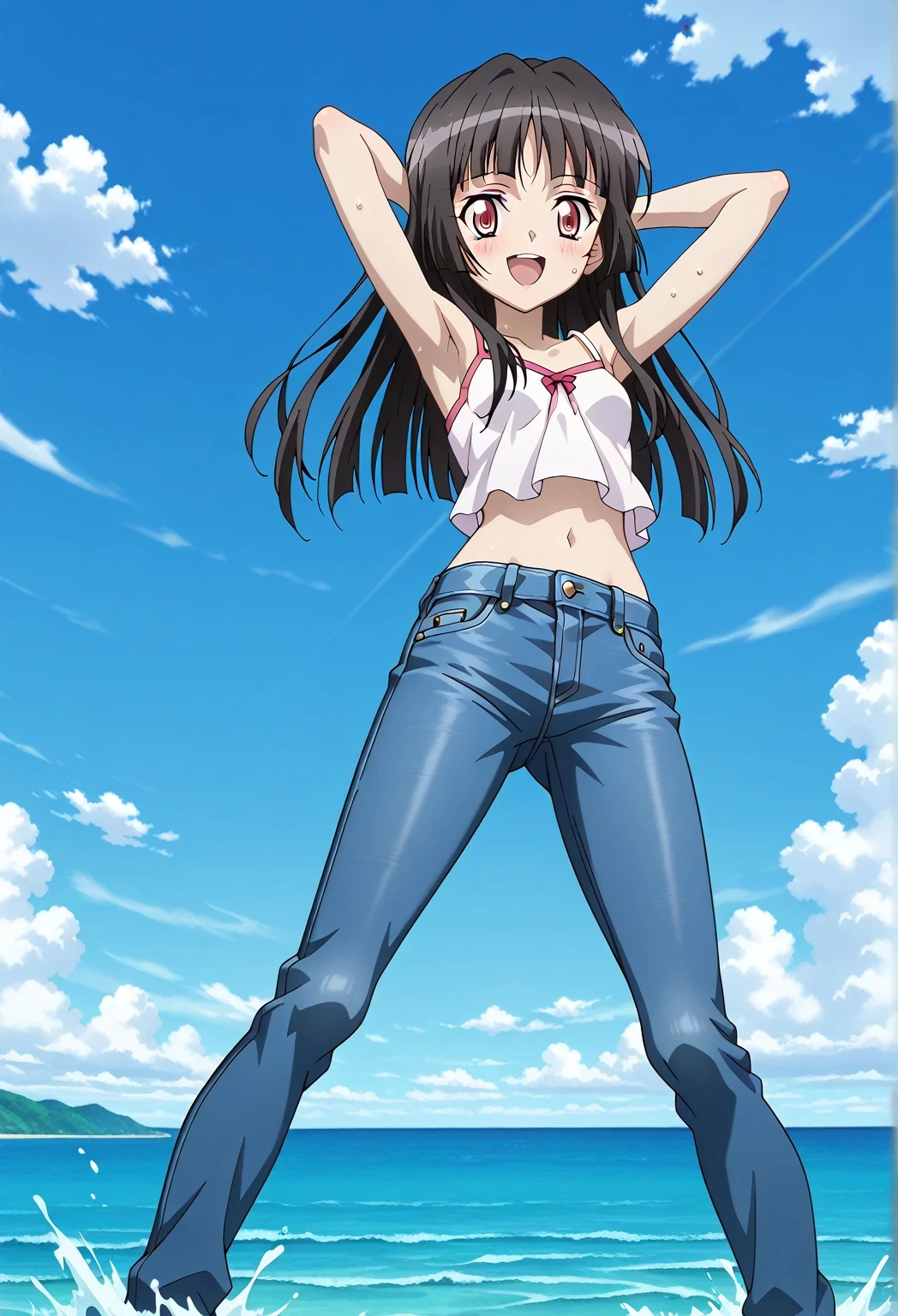 score_9, score_8_up, score_7_up, source_anime, highres, hi res, ((best quality, top quality, perfect quality, Highest Quality, amazing quality)), {{masterpiece}}, {{an extremely delicate and beautiful}}, 2d, intricate details, official style, anime, 8k, anime style, official_anime, official art, digital painting, cell shading, soft shading, high resolution, soothing tones, Subdued Color, Soft cinematic light, adobe lightroom, photolab, HDR, intricately and hyper-detailed, ((high quality animation)), 1 girl, Alone, solo, ((ocean)), tsunami, on the water, day, sunny, outdoors, sky, windy, Shirabe Tsukuyomi, Senki Zesshou Symphogear, Crimson eyes, black hair, long hair, anime screencap, small breasts, white camisole top, crop top, white crop top, best quality, hyper-detailed jeans, ((blue jeans:1.9)), (dark blue jeans:0.6), full medium body, medium shot, Open mouth, smiling, happy face, blush, sweat, standing, ((arms behind head:6.0)), ((perfect arm line:2.5)), bowlegged, jumping pose, action, looking at viewer, spread legs, Bend knees slightly, straight-on front view