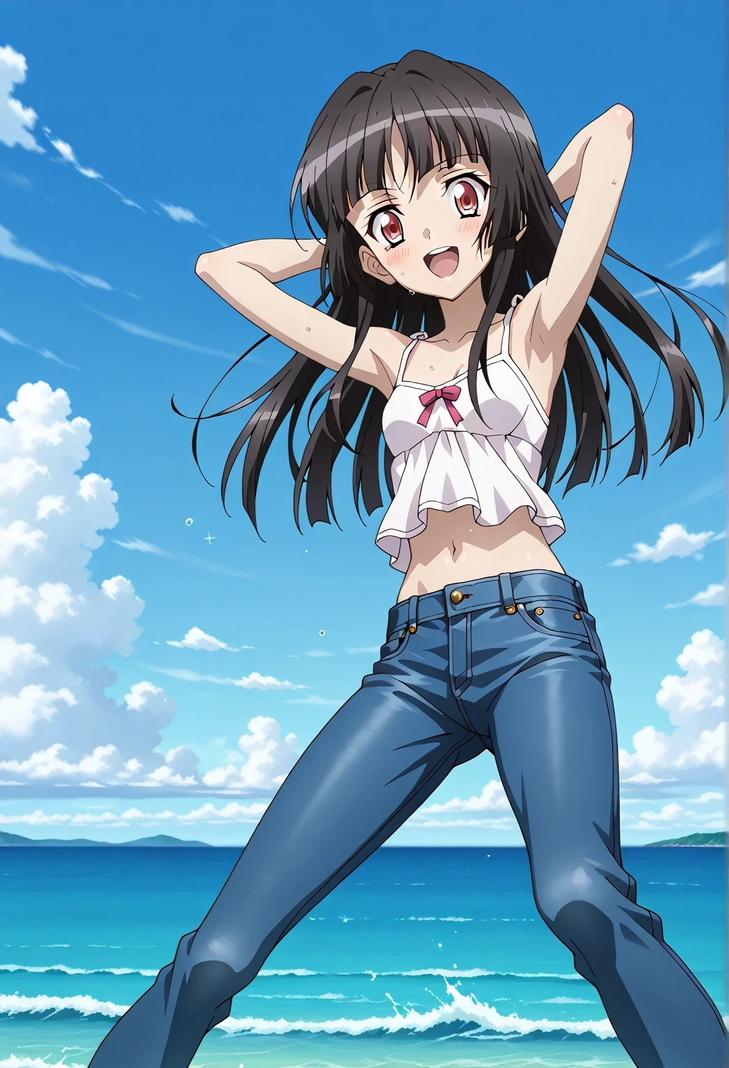 score_9, score_8_up, score_7_up, source_anime, highres, hi res, ((best quality, top quality, perfect quality, Highest Quality, amazing quality)), {{masterpiece}}, {{an extremely delicate and beautiful}}, 2d, intricate details, official style, anime, 8k, anime style, official_anime, official art, digital painting, cell shading, soft shading, high resolution, soothing tones, Subdued Color, Soft cinematic light, adobe lightroom, photolab, HDR, intricately and hyper-detailed, ((high quality animation)), 1 girl, Alone, solo, ((ocean)), tsunami, on the water, day, sunny, outdoors, sky, windy, Shirabe Tsukuyomi, Senki Zesshou Symphogear, Crimson eyes, black hair, long hair, anime screencap, small breasts, white camisole top, crop top, white crop top, best quality, hyper-detailed jeans, ((blue jeans:1.9)), (dark blue jeans:0.6), full medium body, medium shot, Open mouth, smiling, happy face, blush, sweat, standing, ((arms behind head:6.0)), ((perfect arm line:2.5)), bowlegged, jumping pose, action, looking at viewer, spread legs, Bend knees slightly, straight-on front view