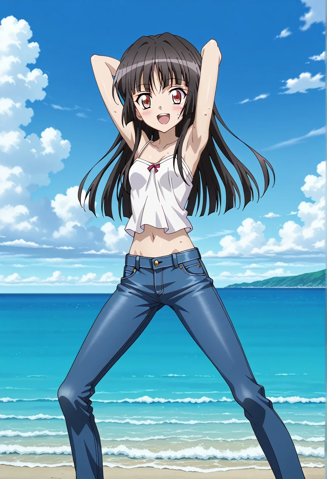score_9, score_8_up, score_7_up, source_anime, highres, hi res, ((best quality, top quality, perfect quality, Highest Quality, amazing quality)), {{masterpiece}}, {{an extremely delicate and beautiful}}, 2d, intricate details, official style, anime, 8k, anime style, official_anime, official art, digital painting, cell shading, soft shading, high resolution, soothing tones, Subdued Color, Soft cinematic light, adobe lightroom, photolab, HDR, intricately and hyper-detailed, ((high quality animation)), 1 girl, Alone, solo, ((ocean)), tsunami, on the water, day, sunny, outdoors, sky, windy, Shirabe Tsukuyomi, Senki Zesshou Symphogear, Crimson eyes, black hair, long hair, anime screencap, small breasts, white camisole top, crop top, white crop top, best quality, hyper-detailed jeans, ((blue jeans:1.9)), (dark blue jeans:0.6), full medium body, medium shot, Open mouth, smiling, happy face, blush, sweat, standing, ((arms behind head:6.0)), ((perfect arm line:2.5)), bowlegged, sliding pose, action, looking at viewer, spread legs, Bend knees slightly, straight-on front view