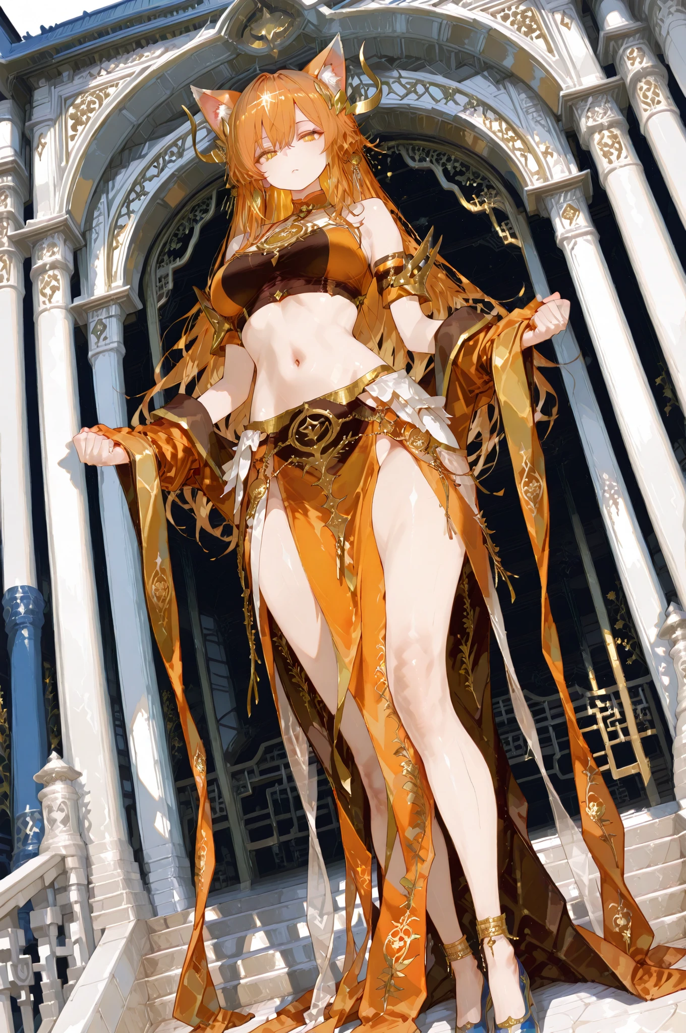 battlemage_neopresencia,,mature female, milf, motherly,wide angle exterior background,Top quality, masterpiece, original photo, ultra-high resolution, ultra-high quality, super detail, 8k picture quality, ultimate quality, detailed description, fine and detailed beautiful eyes: 1.2, detailed and beautiful face, extremely detailed cg,Chinese Goddess, Character Traits:
Anime-style girl with deep blue long hair adorned with cat ears (blue and orange colour scheme), featuring an expressionless white cartoon face. Standing pose.
Dressing Style:
Blue crop top with gold embroidery paired with a slit maxi skirt, complemented by a gold belt, armband, and anklets. Blue footwear. The ensemble incorporates traditional Chinese floral motifs. Period costume.
Artistic Style: Minimalist line art rendered in monochrome with blue and gold accents, set against a pure white background. Action: Dynamic combat stance, fists clenched, martial girl.