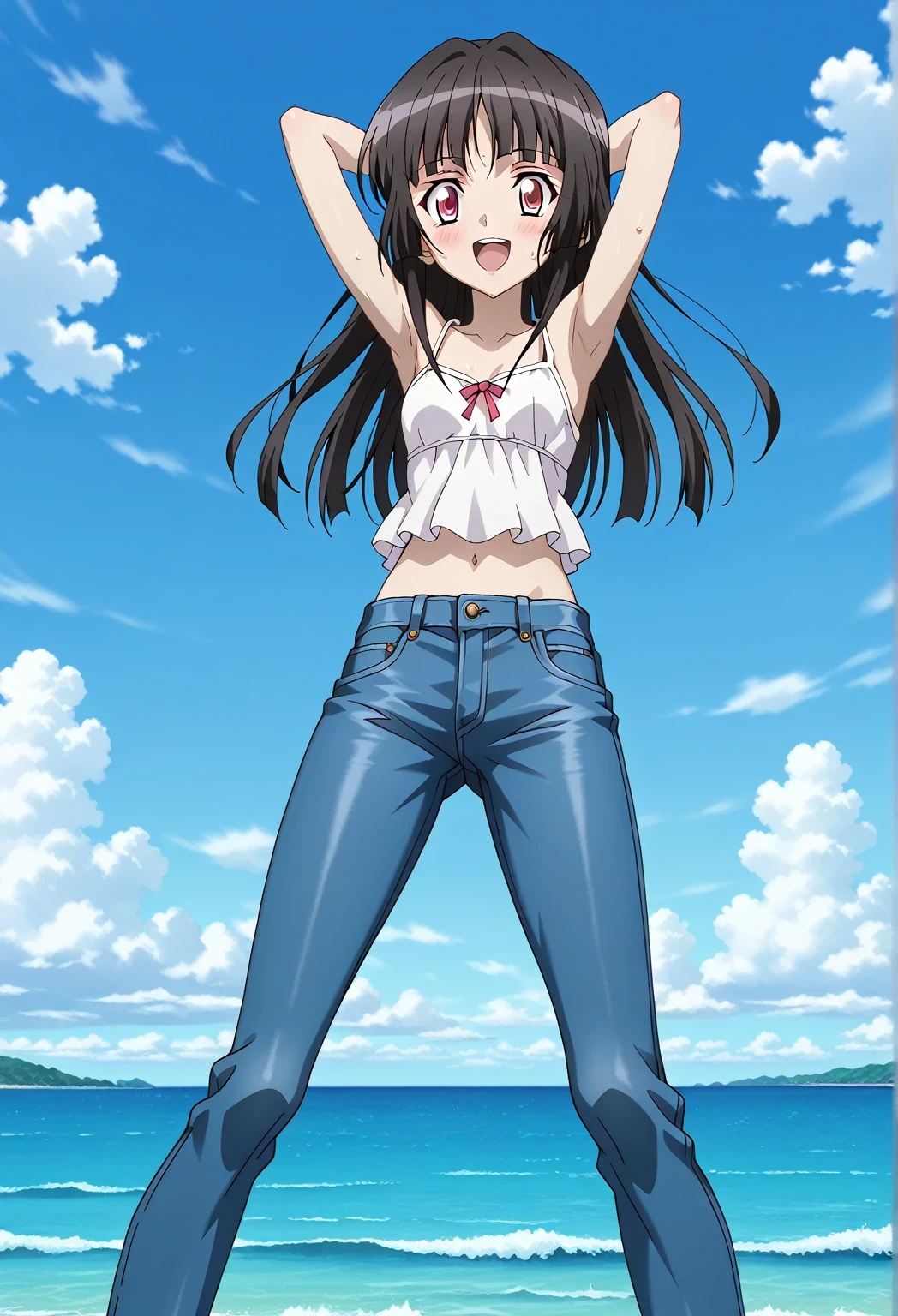 score_9, score_8_up, score_7_up, source_anime, highres, hi res, ((best quality, top quality, perfect quality, Highest Quality, amazing quality)), {{masterpiece}}, {{an extremely delicate and beautiful}}, 2d, intricate details, official style, anime, 8k, anime style, official_anime, official art, digital painting, cell shading, soft shading, high resolution, soothing tones, Subdued Color, Soft cinematic light, adobe lightroom, photolab, HDR, intricately and hyper-detailed, ((high quality animation)), 1 girl, Alone, solo, ((ocean)), tsunami, on the water, day, sunny, outdoors, sky, windy, Shirabe Tsukuyomi, Senki Zesshou Symphogear, Crimson eyes, black hair, long hair, anime screencap, small breasts, white camisole top, crop top, white crop top, best quality, hyper-detailed jeans, ((blue jeans:1.9)), (dark blue jeans:0.6), full medium body, medium shot, Open mouth, smiling, happy face, blush, sweat, standing, ((arms behind head:6.0)), ((perfect arm line:2.5)), bowlegged, sliding pose, action, looking at viewer, spread legs, Bend knees slightly, straight-on front view
