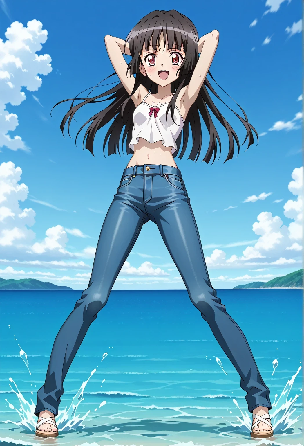 score_9, score_8_up, score_7_up, source_anime, highres, hi res, ((best quality, top quality, perfect quality, Highest Quality, amazing quality)), {{masterpiece}}, {{an extremely delicate and beautiful}}, 2d, intricate details, official style, anime, 8k, anime style, official_anime, official art, digital painting, cell shading, soft shading, high resolution, soothing tones, Subdued Color, Soft cinematic light, adobe lightroom, photolab, HDR, intricately and hyper-detailed, ((high quality animation)), 1 girl, Alone, solo, ((ocean)), tsunami, on the water, day, sunny, outdoors, sky, windy, Shirabe Tsukuyomi, Senki Zesshou Symphogear, Crimson eyes, black hair, long hair, anime screencap, small breasts, white camisole top, crop top, white crop top, best quality, hyper-detailed jeans, ((blue jeans:1.9)), (dark blue jeans:0.6), full medium body, medium shot, Open mouth, smiling, happy face, blush, sweat, standing, ((arms behind head:6.0)), ((perfect arm line:2.5)), bowlegged, jumping pose, action, looking at viewer, spread legs, Bend knees slightly, straight-on front view