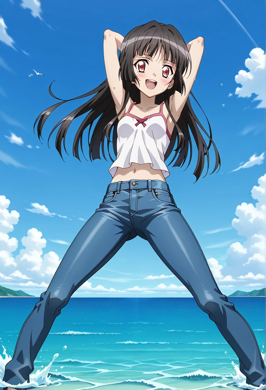 score_9, score_8_up, score_7_up, source_anime, highres, hi res, ((best quality, top quality, perfect quality, Highest Quality, amazing quality)), {{masterpiece}}, {{an extremely delicate and beautiful}}, 2d, intricate details, official style, anime, 8k, anime style, official_anime, official art, digital painting, cell shading, soft shading, high resolution, soothing tones, Subdued Color, Soft cinematic light, adobe lightroom, photolab, HDR, intricately and hyper-detailed, ((high quality animation)), 1 girl, Alone, solo, ((ocean)), tsunami, on the water, day, sunny, outdoors, sky, windy, Shirabe Tsukuyomi, Senki Zesshou Symphogear, Crimson eyes, black hair, long hair, anime screencap, small breasts, white camisole top, crop top, white crop top, best quality, hyper-detailed jeans, ((blue jeans:1.9)), (dark blue jeans:0.6), full medium body, medium shot, Open mouth, smiling, happy face, blush, sweat, standing, ((arms behind head:6.0)), ((perfect arm line:2.5)), bowlegged, jumping pose, action, looking at viewer, spread legs, Bend knees slightly, straight-on front view