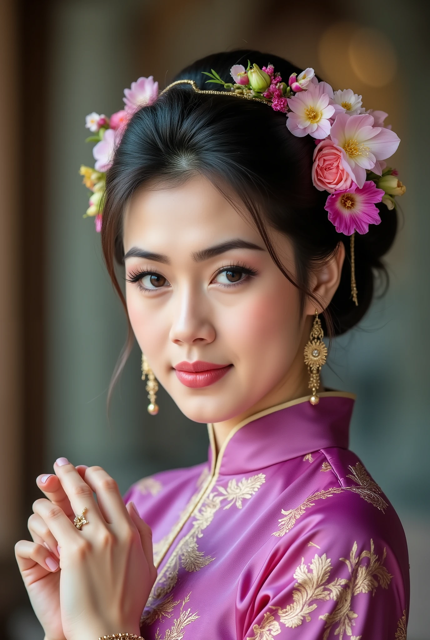 "Close-up portrait of a beautiful Chinese woman smile in traditional Thai dress (Chut Thai), featuring a vibrant pink/purple silk fabric with intricate gold embroidery. Her hair is elegantly styled in an updo, adorned with fresh, colorful flowers (jasmine, orchids, roses) and a traditional Thai garland. She has a serene and graceful expression, looking slightly to the side with soft natural light illuminating her face. Her hands are gently clasped in front, wearing traditional gold bracelets. The background is softly blurred, hinting at an ancient temple or traditional Thai architecture. The image should convey elegance, cultural beauty, and a sense of peacefulness. High resolution, professional studio lighting, detailed, realistic, vivid colors, suitable for editorial, cultural, and travel photography.