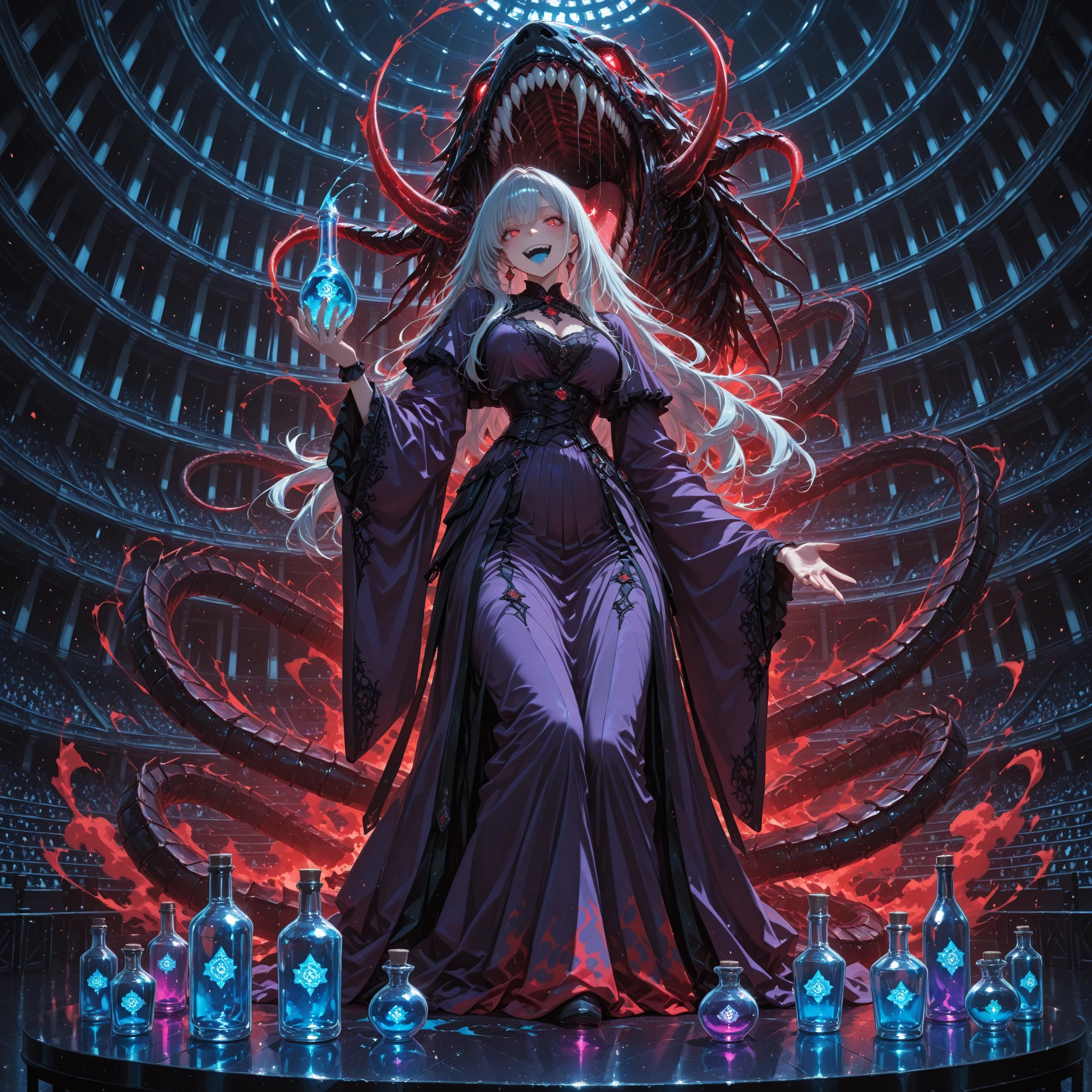 rich anime, (masterpiece, best quality, ultra detailed, cinematic horror illustration,
a silver-haired girl standing under a spotlight on a dark theater stage,
she wears a flowing purple robe, red eyes glowing with madness, her mouth open in a manic grin, body arched backward as if shouting,
(in her right hand she holds a glass bottle filled with blue liquid shaped like a screaming human face:1.5), blue drool, (her left arm is grotesquely transforming into a beast’s claw:1.2).
on the black table before her, colorful potion bottles are lined up, each containing strange objects like clocks, eyes, and distorted human faces.
an eerie audience silhouette in darkness, faint red mist swirling through the air, psycho-horror atmosphere, dramatic lighting and composition, a twisted sense of beauty and terror, gothic stage design