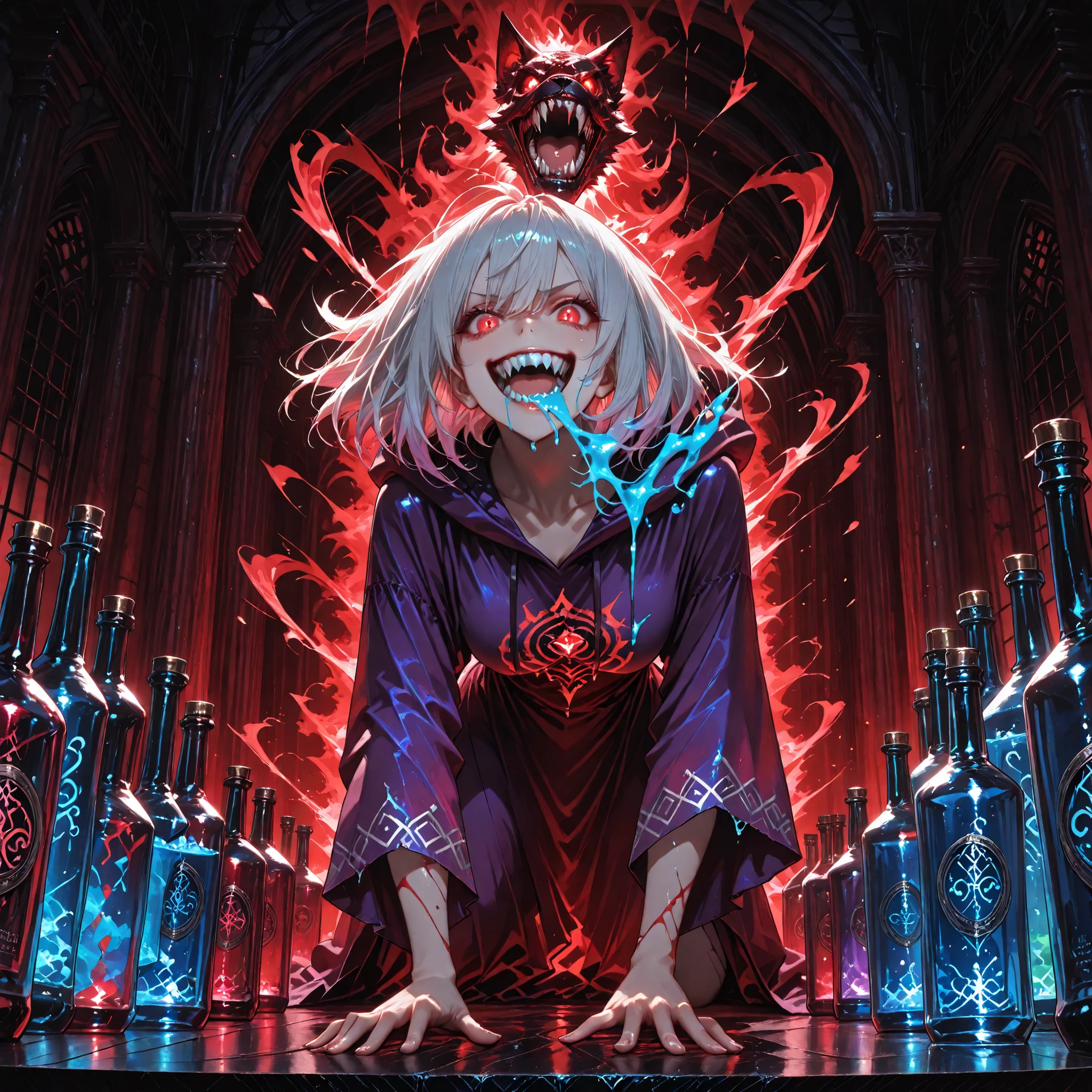 moody lighting, dramatic shadows, bloom lighting, colored shadows, (masterpiece:1.3, 8k:1.3, Highest Quality:1.3, detail:1.3, high resolution:1.3, Digital Painting, ultra detailed), (masterpiece, best quality, ultra detailed, cinematic horror illustration,
a silver-haired girl standing under a spotlight on a dark theater stage,
she wears a flowing purple robe, red eyes glowing with madness, her mouth open in a manic grin, body arched backward as if shouting,
(in her right hand she holds a glass bottle filled with blue liquid shaped like a screaming human face:1.5), (her left arm is grotesquely transforming into a beast’s claw:1.2), blue drool.
on the black table before her, colorful potion bottles are lined up, each containing strange objects like clocks, eyes, and distorted human faces.
an eerie audience silhouette in darkness, faint red mist swirling through the air, psycho-horror atmosphere, dramatic lighting and composition, a twisted sense of beauty and terror, gothic stage design