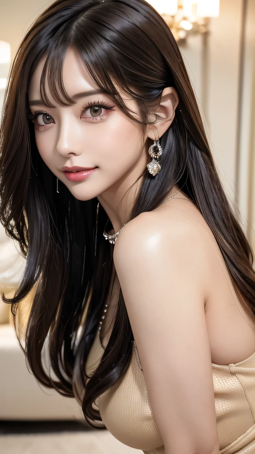 (Cowboy Shot、Best Quality、8k、Award-winning works、Ultra-high resolution)、Beautiful woman、(A sexy dress showing off her perfect, sexy cleavage:1.1)、Perfect big breasts、(blonde:1.1)、Bright color contacts、Perfect Makeup、Bright and shiny lipstick、(Very heavy gyaru makeup:1.2)、(Dark brown beige around the eyes:1.1)、Beautiful bright eyeshadow、Heavy makeup around the eyes、(Huge breasts:1.2)、Very long wavy black hair、(Romantic affection:1.1)、The best smile when he sees me、(Most people emphasize their body lines..:1.1)、(Strongly blurred and vivid luxury hotel night pool background:1.1)、(Strongly blurred background:1.1)、Accurate anatomy、Ultra HD Hair、(Ultra-high resolutionの完璧な美しい歯:1.1)、Beautiful faces in ultra-high definition、Ultra HD Hair、See-through bangs、Ultra HD Shining Eyes、輝くUltra-high resolutionの美肌、Ultra-high resolutionの艶やかな唇、Harry Winston Necklace