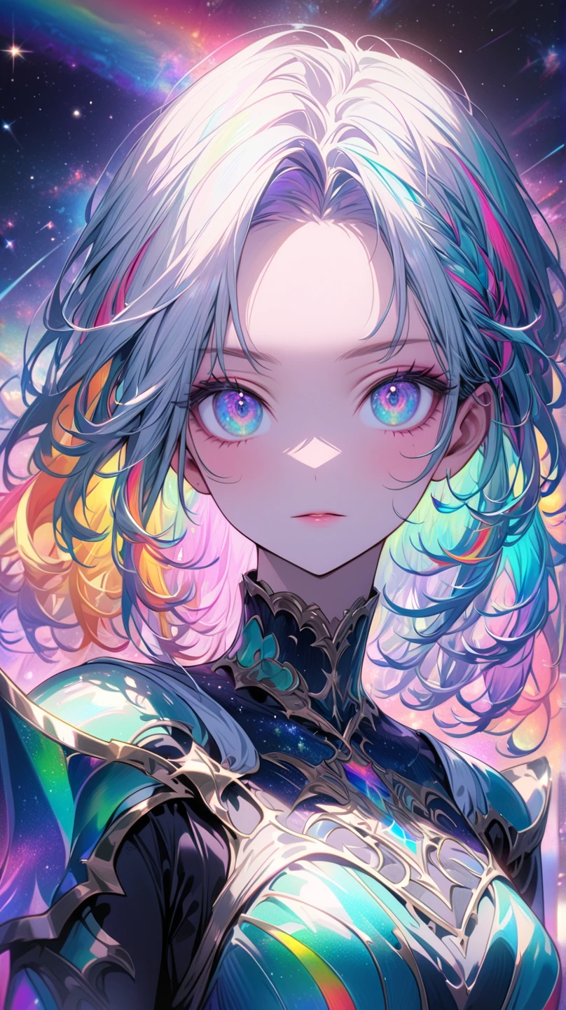 (masterpiece, best quality:1.2),(concept art、fractal art:1.5) ,(flat color:1.2),(2D:1.3),(fluorescence colour:1.5,colorful:1.2),fluorescence multicolored hair、looking at viewer,1girl,beautiful face,Gentle face,solo,upper body,floating colorful fluorescent lines,vivid color、fractal art、Symmetrical
