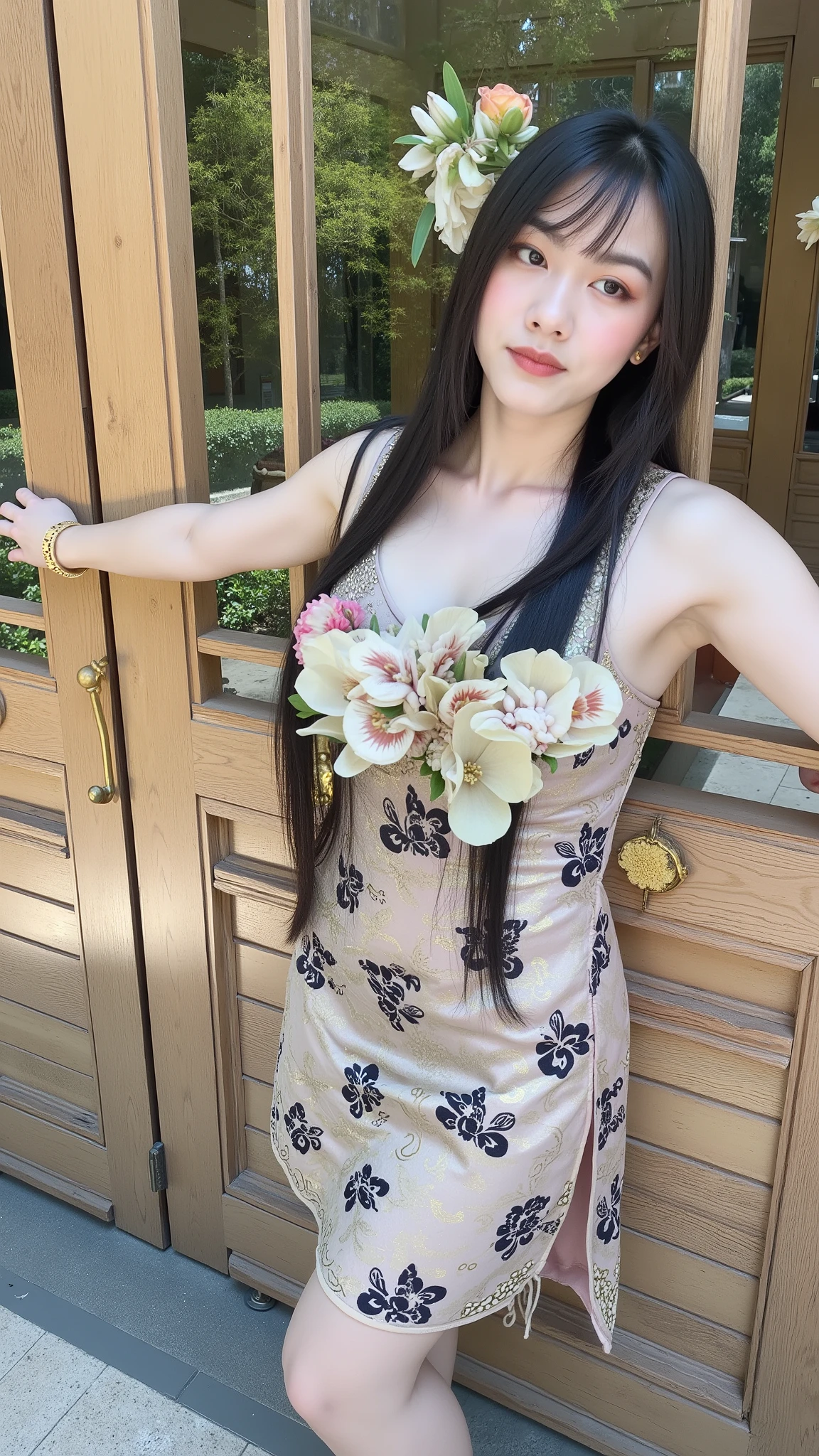 "Close-up portrait of a beautiful Chinese woman smile in traditional Thai dress (Chut Thai), featuring a vibrant pink/purple silk fabric with intricate gold embroidery. Her hair is elegantly styled in an updo, adorned with fresh, colorful flowers (jasmine, orchids, roses) and a traditional Thai garland. She has a serene and graceful expression, looking slightly to the side with soft natural light illuminating her face. Her hands are gently clasped in front, wearing traditional gold bracelets. The background is softly blurred, hinting at an ancient temple or traditional Thai architecture. The image should convey elegance, cultural beauty, and a sense of peacefulness. High resolution, professional studio lighting, detailed, realistic, vivid colors, suitable for editorial, cultural, and travel photography.