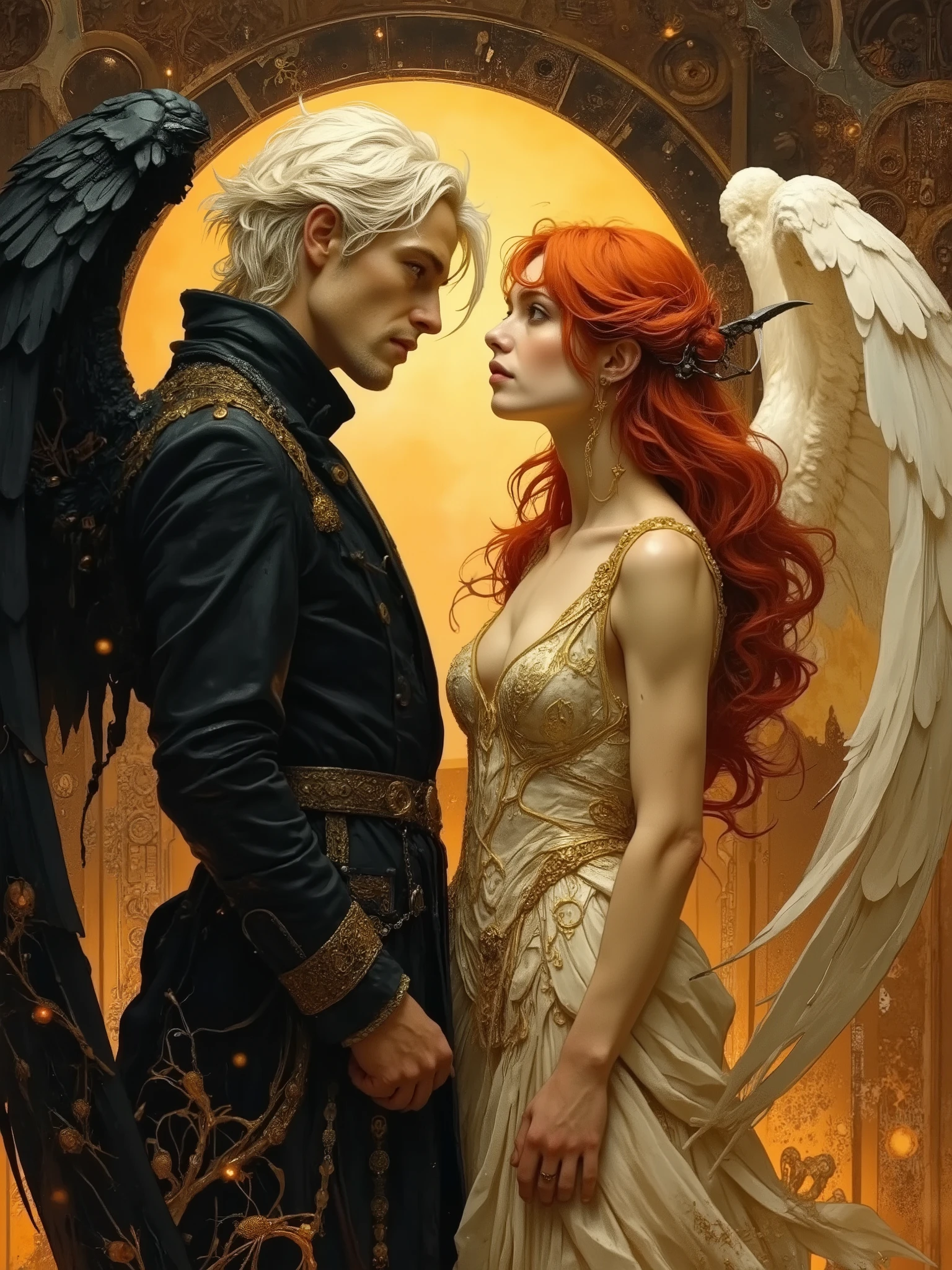 (masterpiece),(Highest quality),(Super detailed),(Ultra-high resolution) , (Best illustrations), 32k, an ancient luxurious temple,dynamic lights, shiny, glitter
Done in a balanced and vivid impressionist style symbolizing harmony of opposites ((and the search for spiritual transcendence through practicing mindfulness of self and psychological clarity, or learning philosophical reason logic and truth, as well as coming to terms with the metaphysical laws of our existence.  In a word, wholeness with the true source.))
A captivating portrait shows an angel and a demon in staring at each other and enraptured. On the left appearing 40, a handsome aquiline looking man with short stylish white hair and a wry expression wears a dark, fancy high-collared coat and other expensive but tasteful accoutrements. He has silver and white feathered wings and a faint glowing halo, symbolizing his angelic nature. On the right looking no more than 28 years old, a beautiful pale skinned woman short of stature with long, red hair is seen wearing a roguish grin and dressed in an eclectic blend ((of street, grunge, secondhand and 1st hand designer finery and God only knows, each piece used to highlight her sensual,  nature)) that somehow matches in some bizarre way. She has fiery raven wings, with flames rising behind her, figures are facing each other, their intense gazes creating a powerful contrast between light and darkness and a shocking truth, they long to touch one another and their look is full of love. Massive energies whirl around these 2 and an eclipse of the Sun heralds their union with a foreboding air. Done in a balanced and vivid impressionist style symbolizing harmony of opposites ((and the search for spiritual transcendence through practicing mindfulness of self and psychological clarity, or learning philosophical reason logic and truth, as well as coming to terms with the metaphysical laws of our existence.  In a word, wholeness with the true source.))


