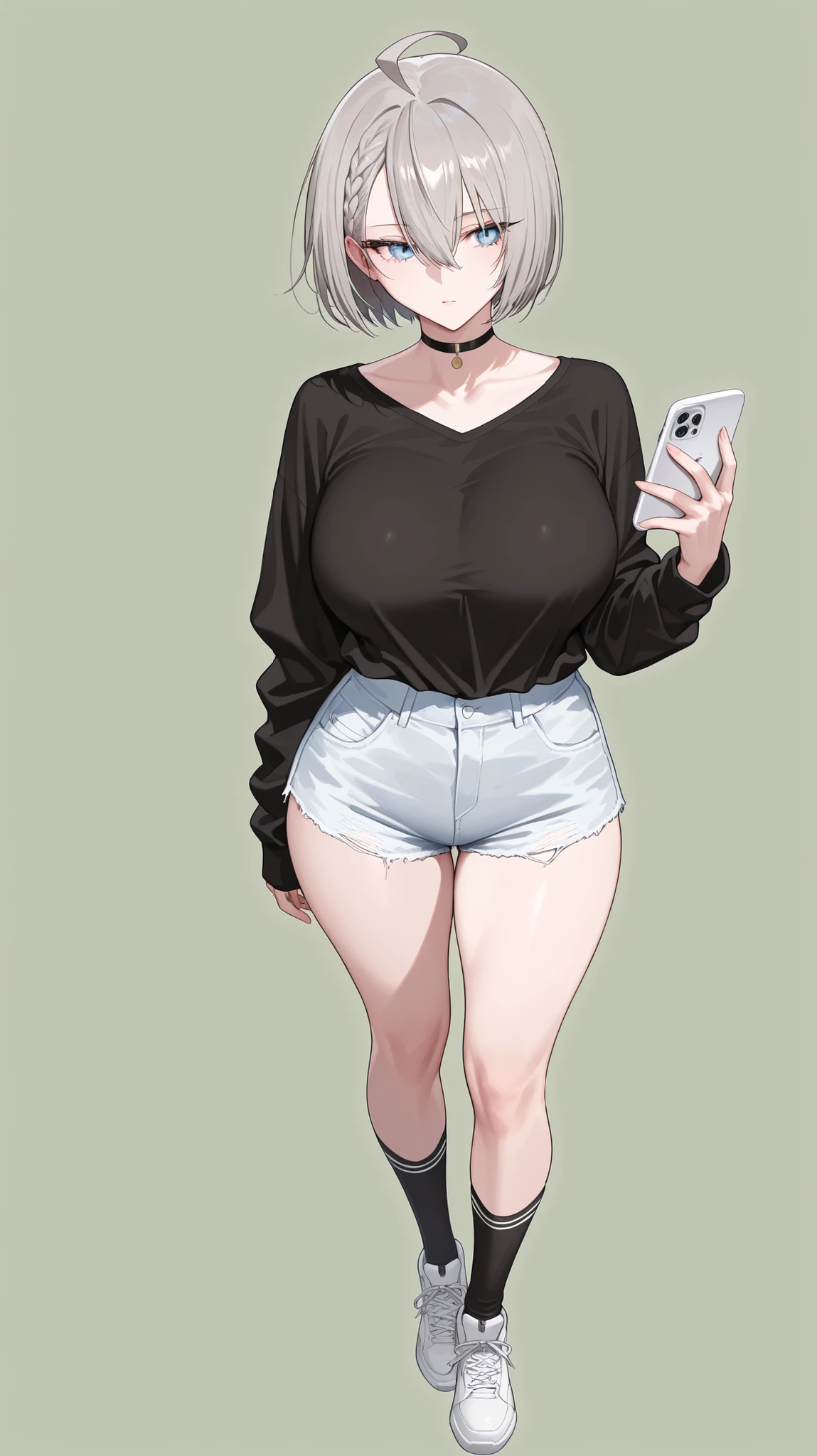 1girl, solo, anime girl, elegant, badass, baltimore, masterpiece, very aesthetic, grey hair, ahoge, short hair, french braid, hair between eyes, bob cut, light blue eyes, sharp eye outlines, long eyelashes, seductive, big breasts, curvy body, black shirt, oversized shirt, long sleeve, shirt tucked in, white denim shorts, black choker, black knee socks, white sneakers, standing, holding phone, white phone, iphone, simple background, soft skin, volume light, depth of field, high detail, highres, ultra-detailed, detailed face, (detailed eyes), (perfect eyes), perfect composition, intricate details, detailed and polished anime style, (detailed hand), (perfect hand), 4K, 8K