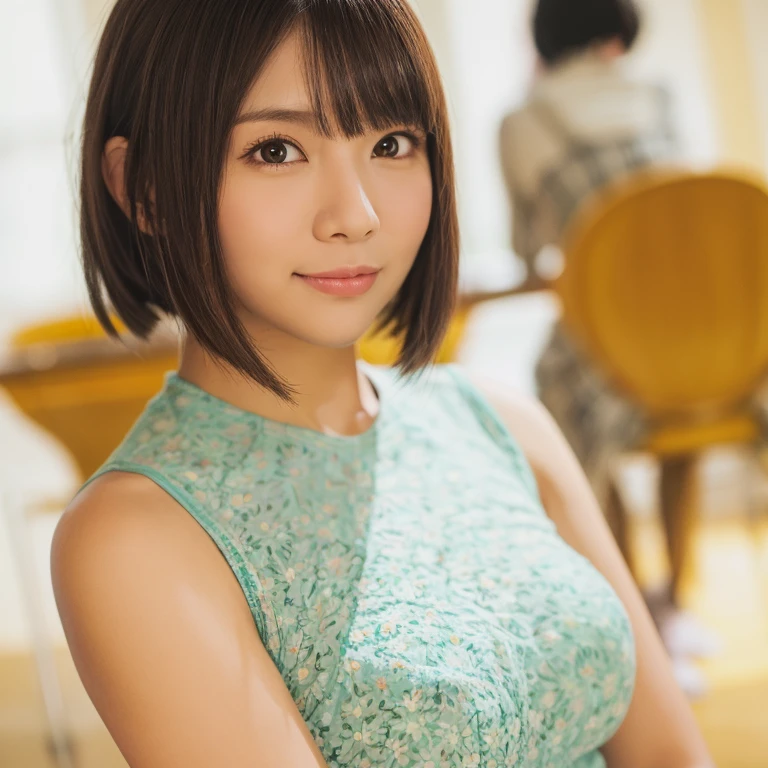 Close-up of beautiful Japan, Emi Fukada is a Japanese actress and model., 25 years old girl, young face, Caucasian body, perfect body, cut length, black hair, straight hair, My hair is smooth and flat., Chest size 38 inches, She wore a , tight hot pink strapless mini dress., Fukada holding her breasts with her own two hands was very sexy and sighed., Fukada squeezed his chest seductively., Fukada lowered her dress slightly., Fukada sits in a men's-only barber shop., Fukada pees in the male-only barbershop with a sigh and , Fukada pees, Fukada peesรดตัวเองจนตัวเปียก, (( yourself)), ((Wet )), ((Fukada peesรดชุดและทิ้งรอยฉี่ไว้บนชุด)), My hair was cut by a male barber., The male barber holds scissors in his right hand., Then the male barber used scissors to cut my hair, making me sigh., Fukada's hair fell down strand by strand., Fukada's hair now covered the floor where she was sitting., ((Fukada's hair was cut using scissors by her male barber.)), (The remaining hair was scattered on the barber shop floor.)), ((Fukada's hair fell down.)), ((The remaining hair fell beneath the floor.), Looks sexy, Naughty gesture., The appearance will be charming., At the barber shop for men only, Men's only barber shop background, UHD," shirt."