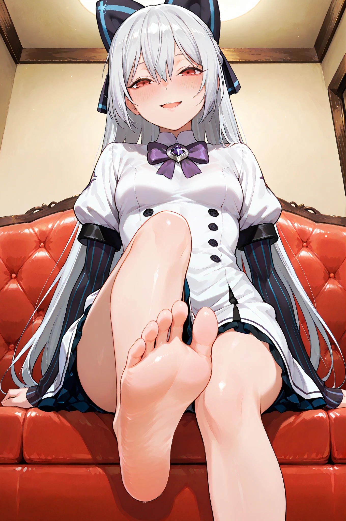 1 girl,gray hair,purple eyes,maid,long hair,Drooping eyes,yandere,2本feet,focus on legs,put your hand on your thigh, X-shaped hair band,from below,half closed eyes,jitome,blush,sweating,???? feet,feet,(5 fingers 1.5),onlys of feet,feet focus,sweating,???? feet,FFA,from below,feetを上げる,only,feet,Ultra-fine illustration looking at the viewer, perfect ???????, highest quality, hire, great shading, beautiful skin, 1 , blush your nose, saliva, ???????,  close your eyes,   full body, ???, Youghal, touch the ??????, (Rubbing the ?????? with your hands:1.2),,, suggestive pose,
