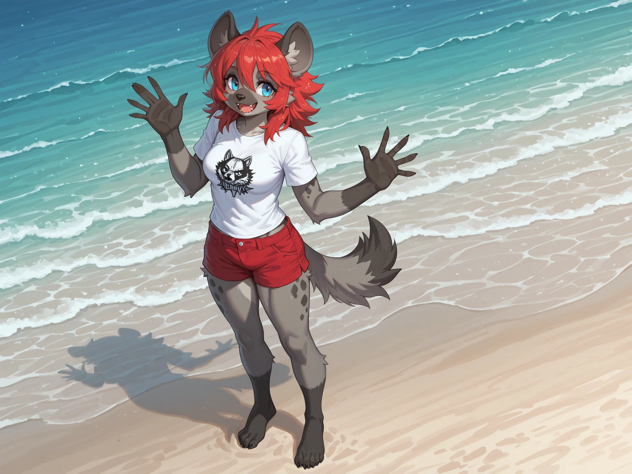 hairy girl, young, Shibainu，Brown spiky hair, Short pointed ponytail, Yellow Eyes, Small , Detailed body fur, , masterpiece, Anime Style, Two-tone body fur, brown body fur, clear brown body fur, Shiba Inu， tail, Detailed face,  Fine grain, Detailed body,  Beach, sunny, Fine hand, Shining Body, Shiny body,  Embarrassed face,  :3, foot hits three toes,Completely ，Completely のまま，，Lift both legs up，Please turn your  towards me，，お， line，Embarrassed expression，humiliation，，Lots of characters around，Close your eyes，