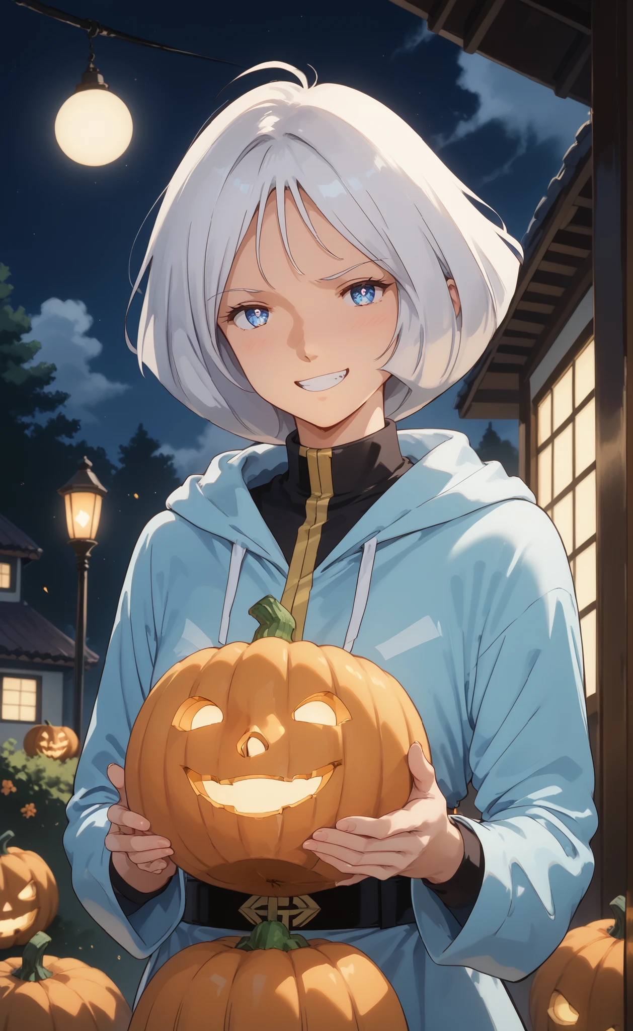 anime style, ghost girl appearing from a glowing jack-o'-lantern, Long Silver Hair, Naughty Smile, Halloween Pumpkins Glow Around Her, Foggy Night, Flickering Orange Candle Light, young asian male in his early 20s, Humor and Spooky Vibes, high quality anime rendering, Detailed Lighting Effects

