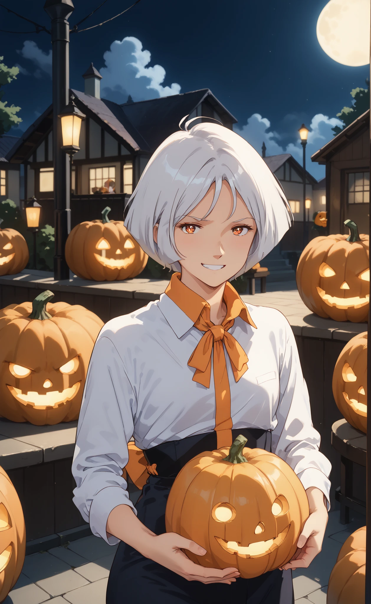 anime style, ghost girl appearing from a glowing jack-o'-lantern, Long Silver Hair, Naughty Smile, Halloween Pumpkins Glow Around Her, Foggy Night, Flickering Orange Candle Light, young asian male in his early 20s, Humor and Spooky Vibes, high quality anime rendering, Detailed Lighting Effects

