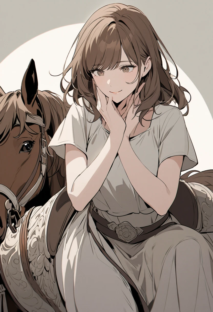 Realism, dark fantasy style, John Tolkien style, Small painting by Jean-Baptiste Monge, Soft  features,Rocker girl hugging a horse'neck, Human Hand, Very clear, Without flaws, five fingers, with bright makeup, Modern style, a little full, fat, slight excess weight, Average height, dark pink lips,  lip shape"bow" ,"Cool eyebrows in the shape of Angryburts, light gray eyes, large almond-shaped eyes, looking at away, black long wavy hair,  hair blowing in wind ,In an airy lilac dress, In sandals..., Standing next to a horse, early morning, Wheat field, Jean-Baptiste Monge, anthropomorphic --ar 2:3 --testp -optimistic;