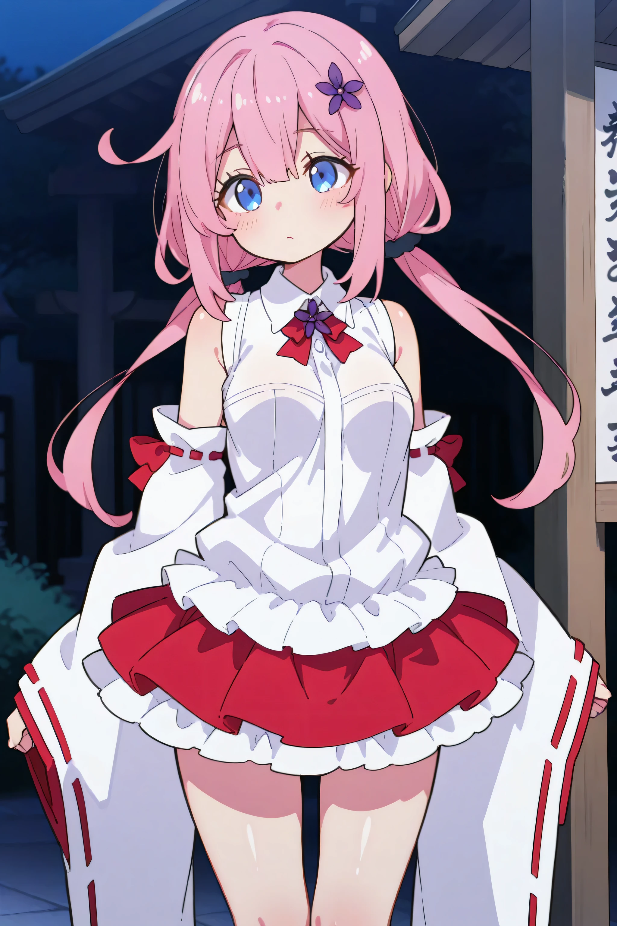 shiny skin,cute,148cmOne girl,Shrine maiden,mini skirt,detachable sleeves,sleeveless,blue eyes,Babyface,small breasts,Flower Night ,Flower Night のプルーン,Highest Quality
、knee-length skirt with a large area for underwear、add a slit、sleeveless