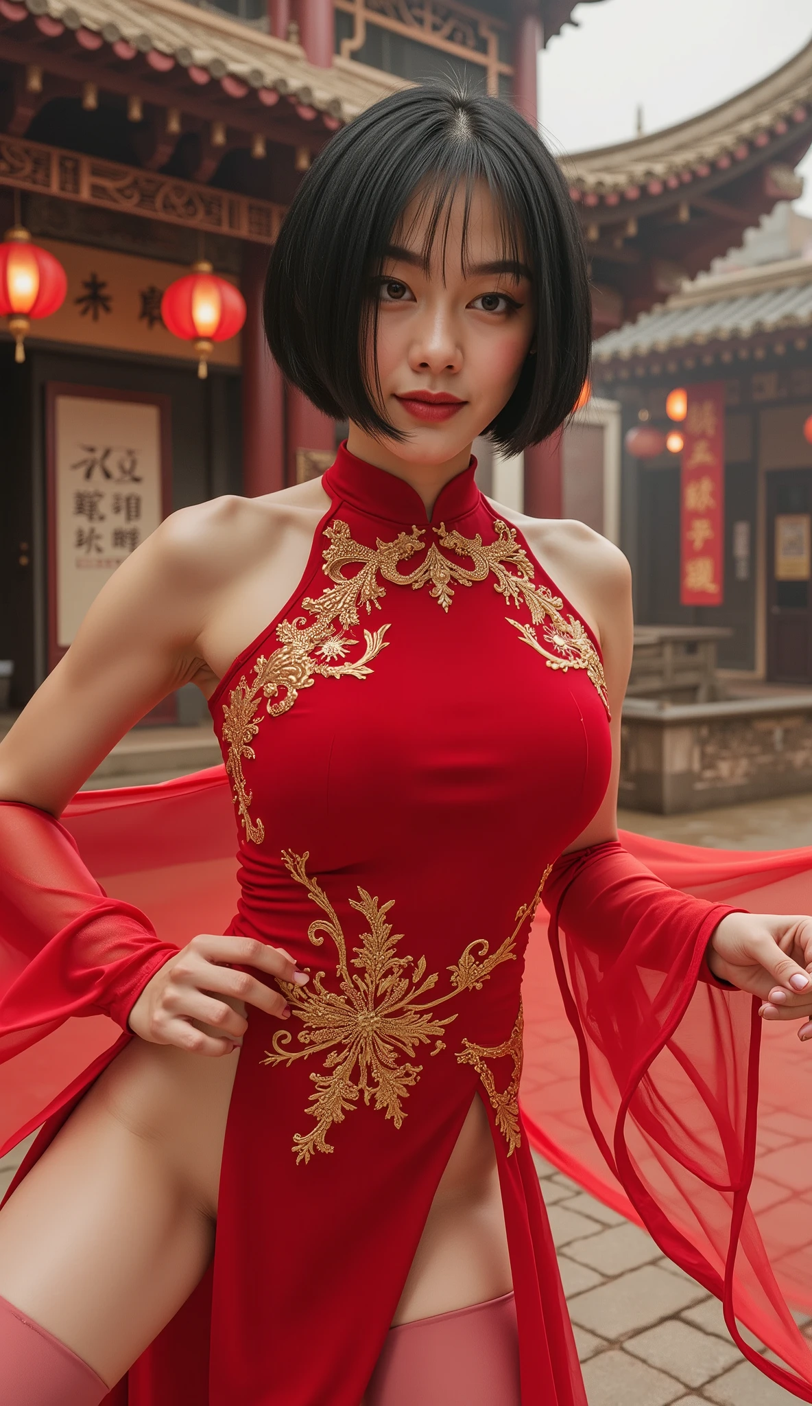 masterpiece, best quality, ultra-detailed, artwork of a woman in a red china dress, 1girl, solo, dynamic pose, black hair, heart, green eyes, short hair, cinematic lighting, dramatic atmosphere, pink tights, red high heels, Chinese pagoda in the background, kung fu pose, smile