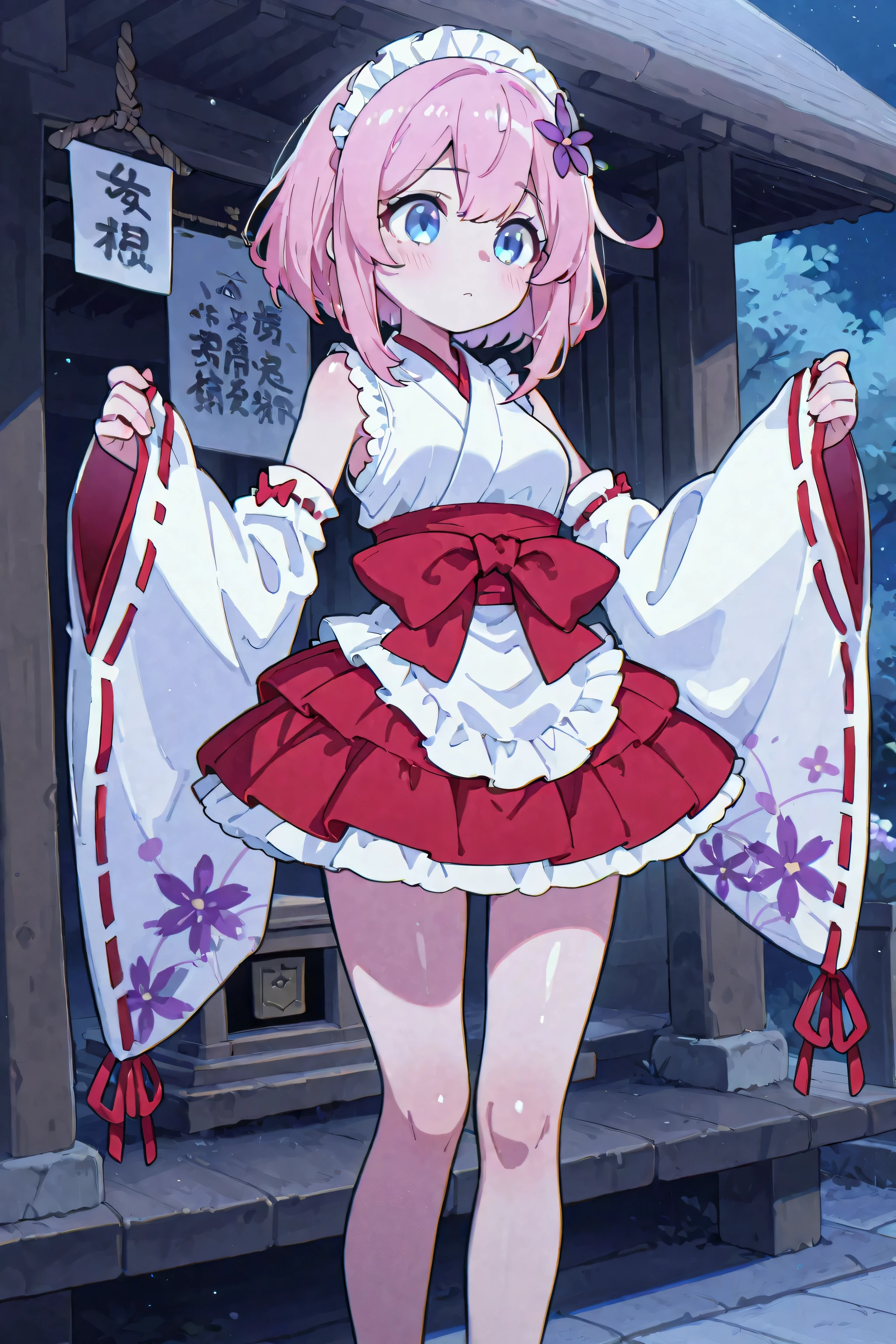 shiny skin,cute,148cmOne girl,Shrine maiden,mini skirt,detachable sleeves,sleeveless,blue eyes,Babyface,small breasts,Flower Night ,Flower Night のプルーン,Highest Quality
、knee-length skirt with a large area for underwear、add a slit、sleeveless