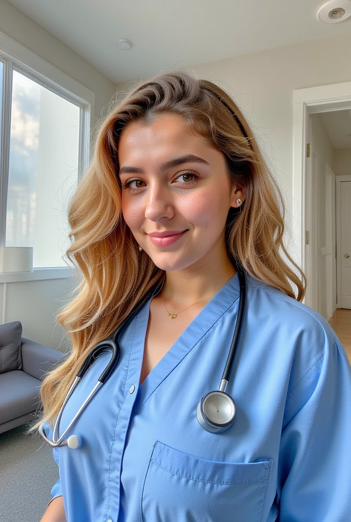 Entendi! I will create an image description for you:

A imagem mostra a Doutora Maya, an adorable baby, in his super excited doctor's office. The office is decorated in soft pink tones, criando uma atmosfera acolhedora. Na parede, there is a chalk board with fun and wholesome character drawings. Ao lado, shelves display colorful doctor toys, like stethoscopes, toy thermometers and syringes. Maya is sitting in her doctor's chair, wearing a white coat over a pink jumpsuit, with a stethoscope hanging around your neck. She is smiling excitedly while holding a teddy bear, pronto para cuidar de seus pacientes mirins. Ao fundo, uma janela revela um dia ensolarado, filling the office with natural light.