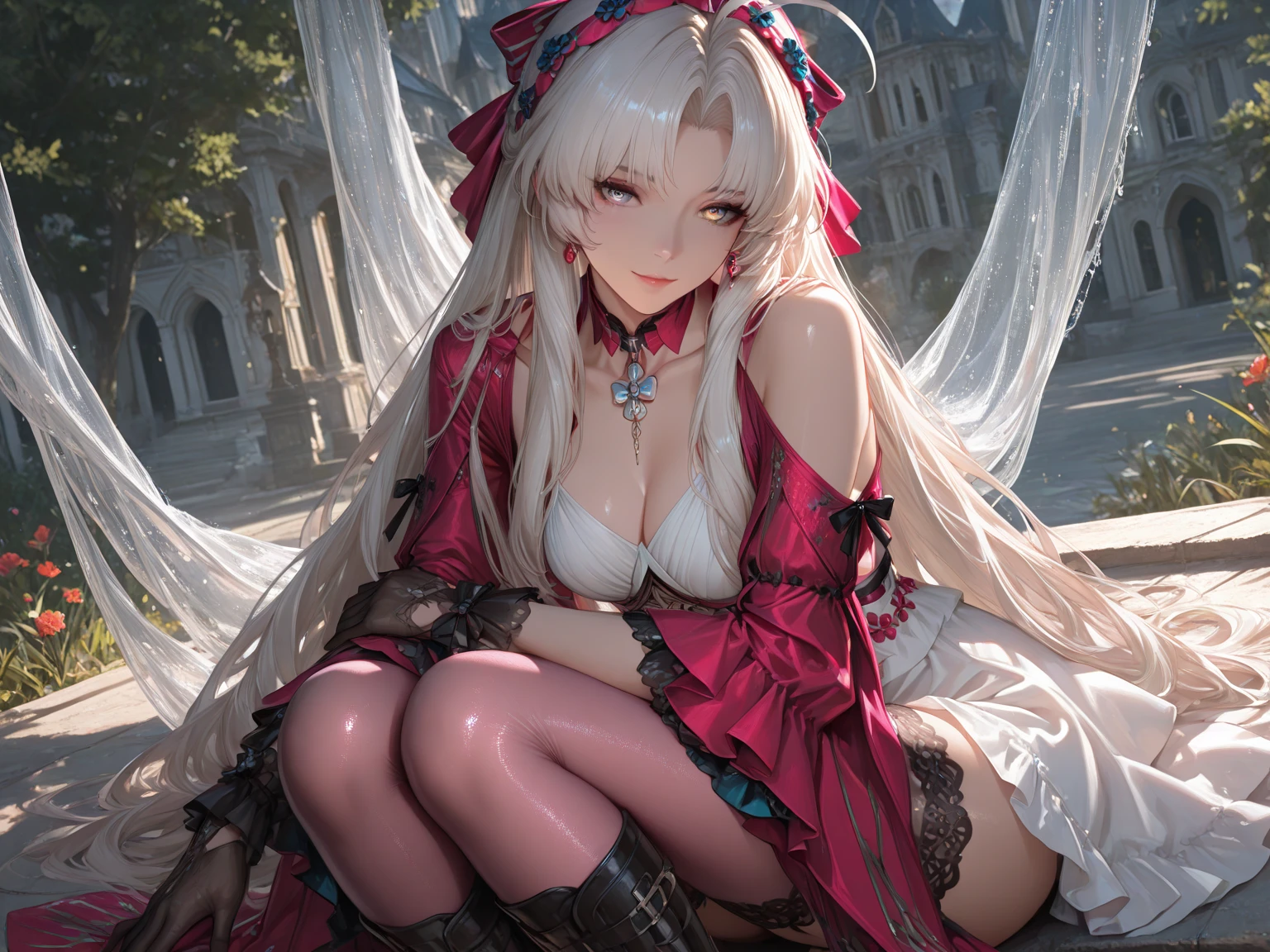 Anime - Style images of women in dresses, an anime drawing by Shitao, pixiv, Fantasy Art, anime goddess, Cute anime waifu in a nice dress, white haired god, guweiz on pixiv artstation, guweiz on artstation pixiv, from girls frontline, Seductive Anime Girl, loli in dress　tiny chest　short-haired　red eyes　white  hair　stylish　Raw feet　Muchimuchi thighs　Flip the skirt　You can see inside the skirt　Stylish Panties　lonely　Do-up　Screen full　soio　single　A sexy　Girl in a passionate red dress　Healthy　Princess　hime　princess　knee high socks　maid clothes　maid dress　a miniskirt　Underless