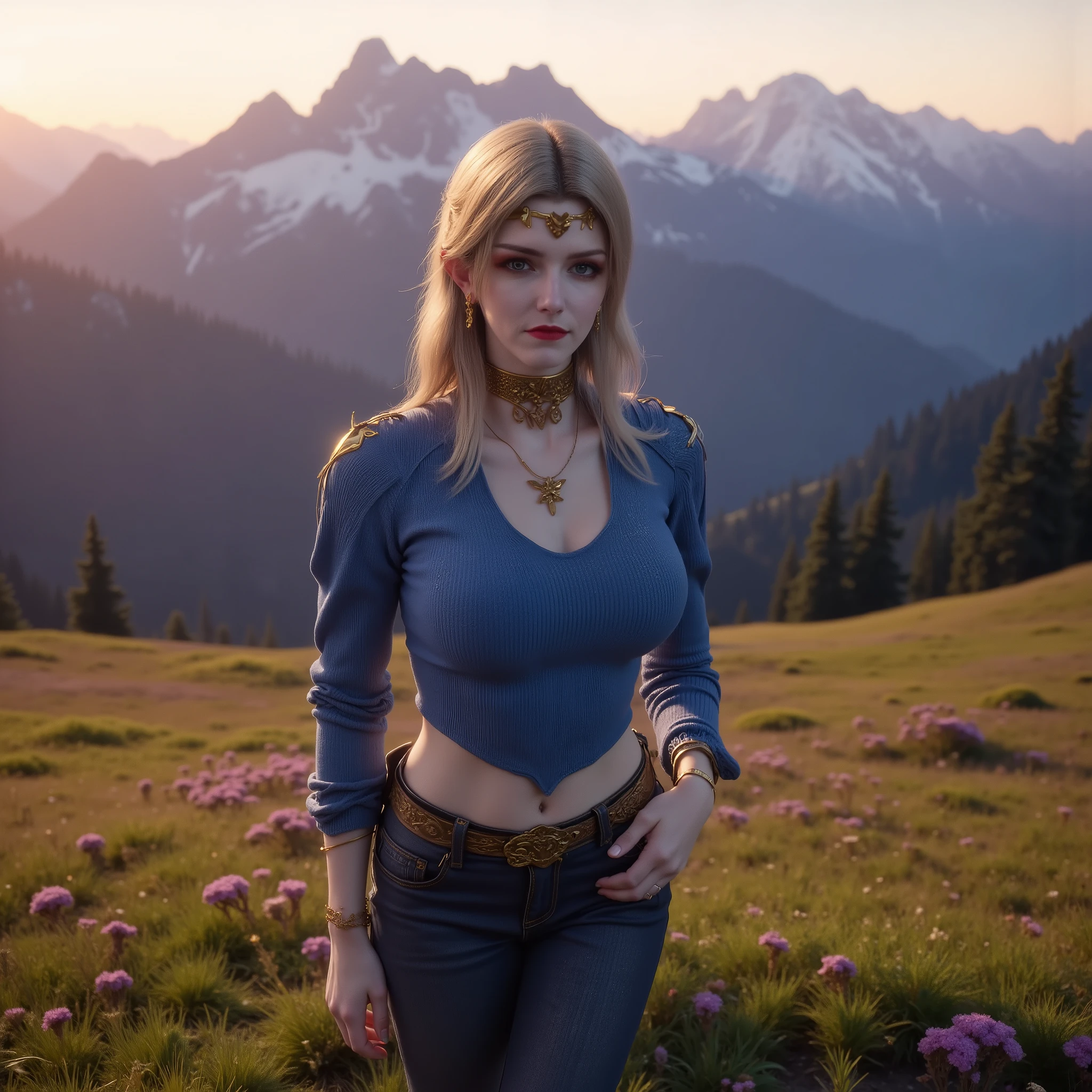 Complete top-to-toe fullbody portrait of elegant blonde MILF in her early 40s, motherly yet alluring, standing confidently in a vibrant alpine flower meadow at golden hour sunset. Deep v-neck cropped blue cashmere turtleneck sweater revealing tasteful décolletage, hourglass figure accentuated by form-fitting high-waisted jeans, slender legs, and stylish ankle boots. Subject perfectly centered in frame from head to feet with no cropping. Soft amber side lighting creating dramatic shadows across her defined features, cascading blonde hair with subtle highlights catching the sunset glow. Seductive half-smile with intense eye contact directly at viewer. Majestic snow-capped mountains in background with purple-orange alpenglow. Photographed with Canon EOS R5, 85mm f/1.2 lens, photorealistic style with cinematic color grading.