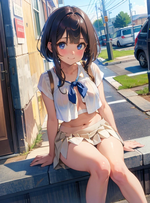 (masterpiece), (highest quality), (Super detailed), (pastel colour), (Detailed brown eyes、Highlight on eyes), 12 years old, blush, ((lift up:1.2)), (Tuck up your cute clothes), ((???????)), (slender) ,Happy, View Viewer, morning、noon、evening、night、shy ,sit on the bench, anxiety, smile, mischief,(Shiny skin), from the front, ear, (???????), Wear outerwear、(micro ?????), Knee Up, Lift your legs, (((Bust Shot))),Open your mouth, (Various hairstyles), silky hair , jet black hair , brown hair , silver hair , blond hair, hair clip, hair band, hair ribbon, 