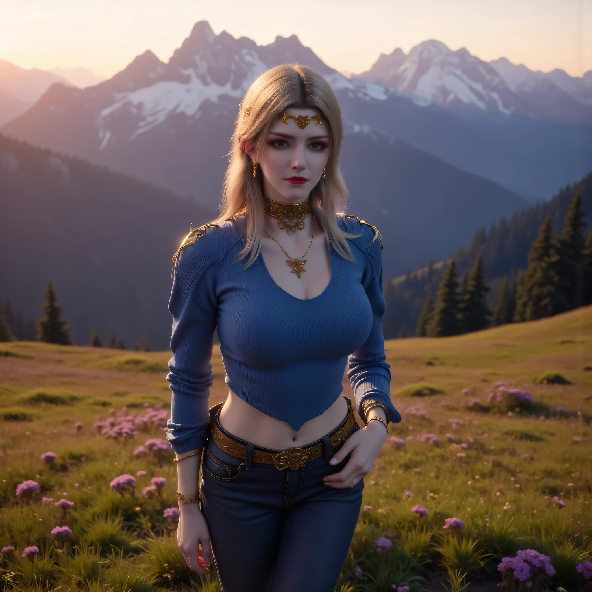 Complete top-to-toe fullbody portrait of elegant blonde MILF in her early 40s, motherly yet alluring, standing confidently in a vibrant alpine flower meadow at golden hour sunset. Deep v-neck cropped blue cashmere turtleneck sweater revealing tasteful décolletage, hourglass figure accentuated by form-fitting high-waisted jeans, slender legs, and stylish ankle boots. Subject perfectly centered in frame from head to feet with no cropping. Soft amber side lighting creating dramatic shadows across her defined features, cascading blonde hair with subtle highlights catching the sunset glow. Seductive half-smile with intense eye contact directly at viewer. Majestic snow-capped mountains in background with purple-orange alpenglow. Photographed with Canon EOS R5, 85mm f/1.2 lens, photorealistic style with cinematic color grading.