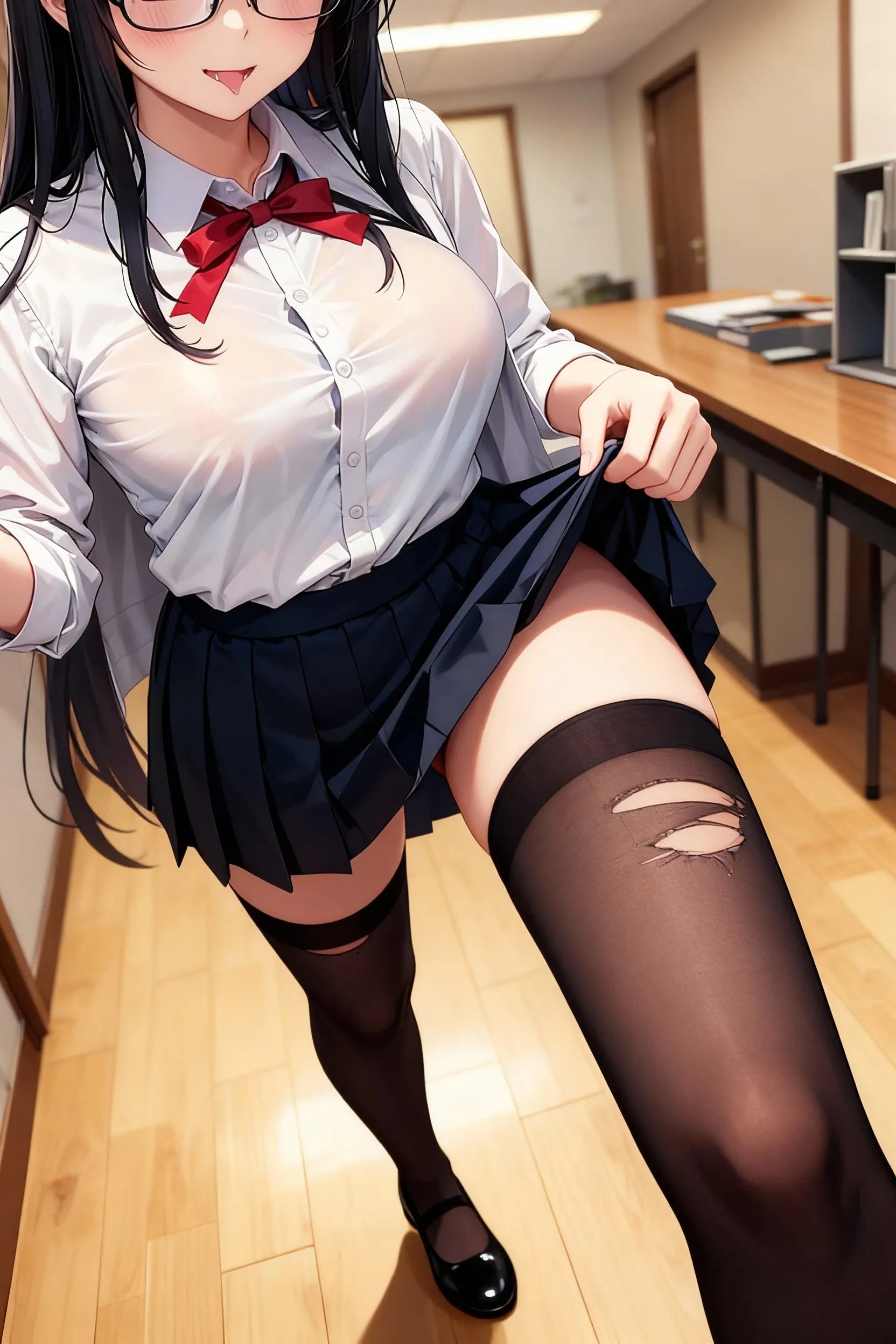 One Girl, Five Fingers, mini skirt, Looking down at the viewer, Black Hairロングヘアー, Highest quality, Focus on the thighs, Dynamic pose, smile, blazer, blouse, barefoot, Standing Split, classroom, Black Hair, Stylish pose,My thighs and groin are steamy 、Luxurious pure white panties