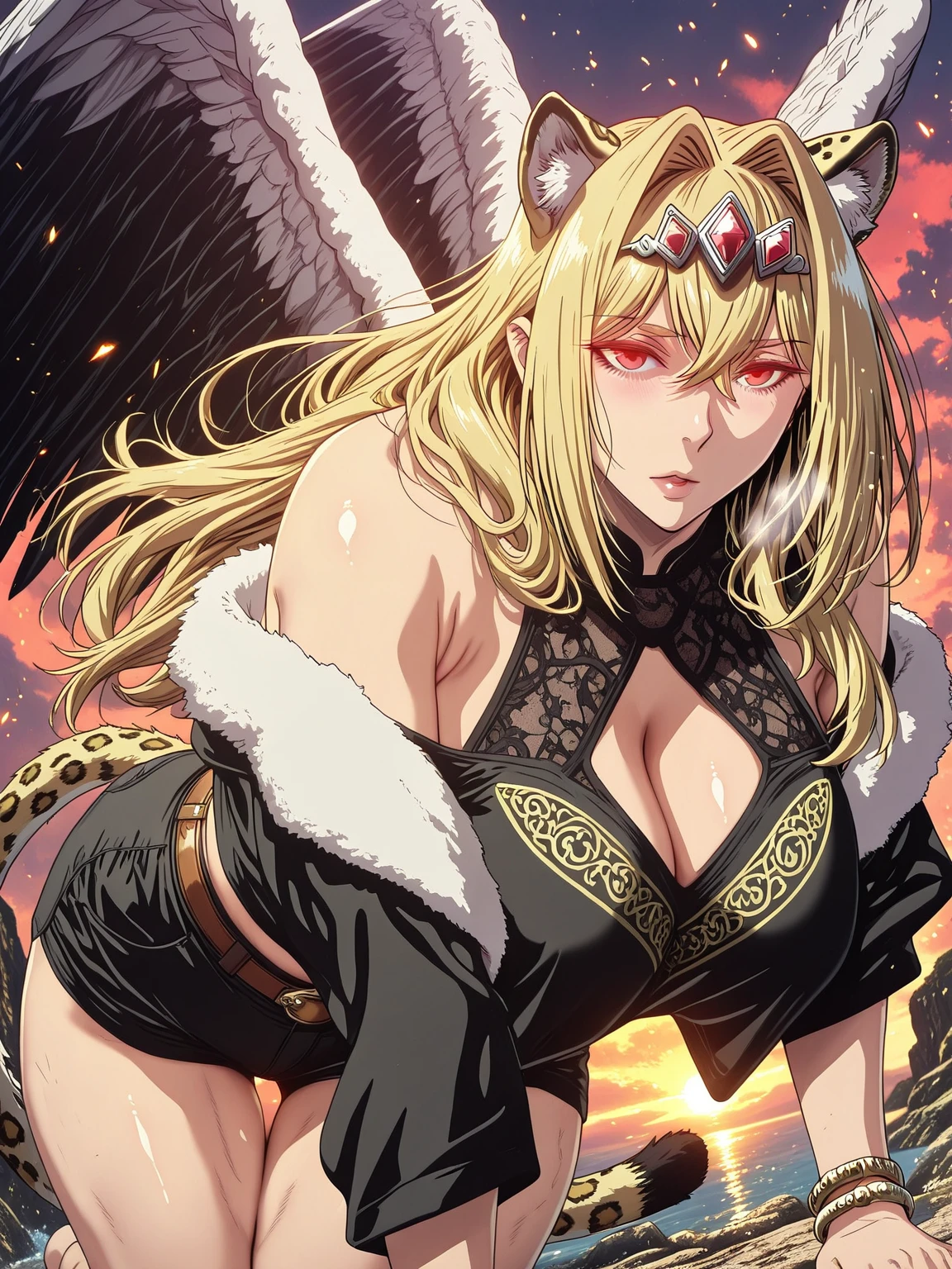 L_Cation2, Babu-style, Hgk, (jeneral-style:1.2), (suou-sensei-style:1.4), (saintshiro-style:1.2), (anegawa_eiji-style:1.3), (anime coloring, anime screencap), shiny skin, (voluptuous body:1.4), (mature female:1.4), (cellulite:1.3), ((anatomical correct)), ((Cinematic, high quality, perfect composition, eye-catching, ambient occlusion, UHD, masterpiece)), perfect body, perfect eyes, perfect fingers, gasping, heavy breathing, gasping profusely, ((overhang)), ((curvy, thigh gap)), ruphas mafahl, blonde hair, red eyes, hair between eyes, long hair, hair intakes, feathered wings, large wings, black wings, tiara, plump, 1girl, tail, animal_ears, breasts, solo, leopard_tail, cleavage, leopard_ears, jewelry, bracelet, shorts, looking_at_viewer, all_fours, jacket, short_shorts, belt, clothing_cutout, off_shoulder, animal_ear_fluff, bucks, water splash, crystal particles, ((embers)), outdoors, 