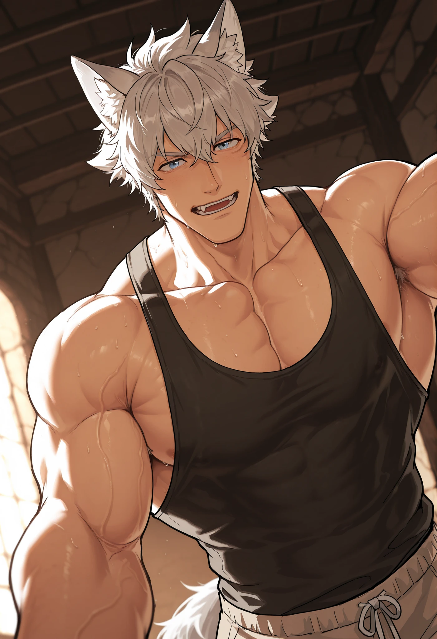 1 , alone)), wolf ears and tail, with a black tanktop shirt, in a dark room, cozy yellow light, bedroom with a brown color palette, view from a good angle, high resolution, masterpiece, ((short hair )) perspective correction,(( , confident gaze )) , anatomically correct muscles, white spiky hair, male focus , (well-detailed blue eyes , well done)) focus on the eyes), large pectorals, shaded, (masterpiece:1.35), (muy estético, best quality:1.3), shaded detallado, C, shaded realista, very detailed, masterful composition , cinematic and natural lighting, well done better result, background in a dark bedroom, detailed colors